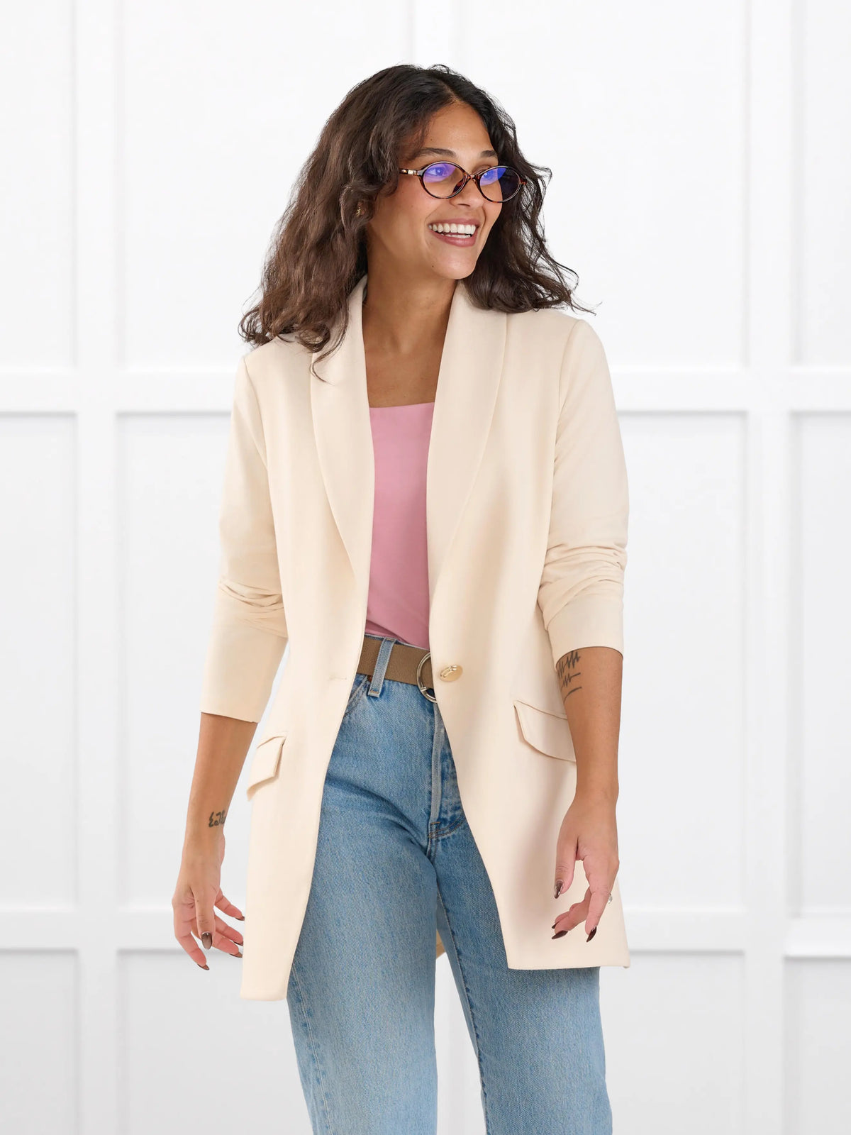 Trina relaxed tailored long blazer for women in Shortbread on model Meron, size XS @Meron-XS 