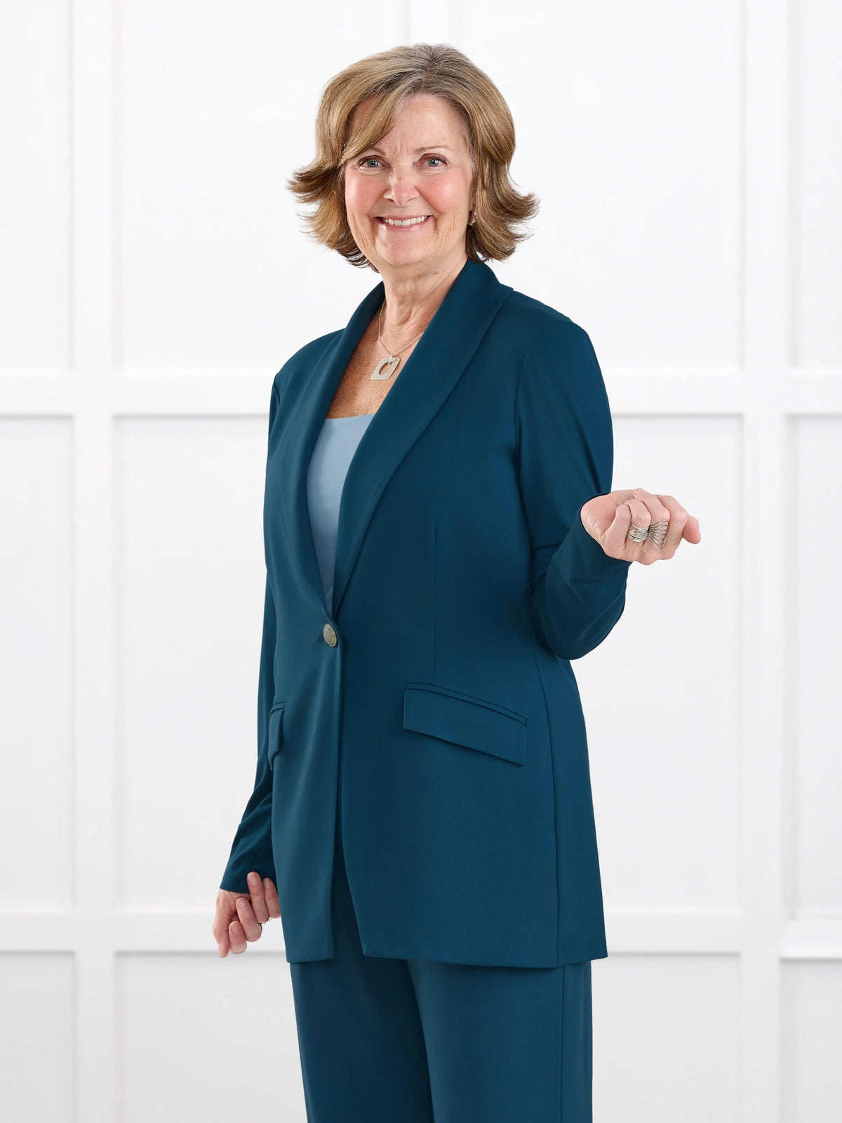 Trina relaxed tailored long blazer for women in Atlantic on model Donna, size S @Donna-S 
