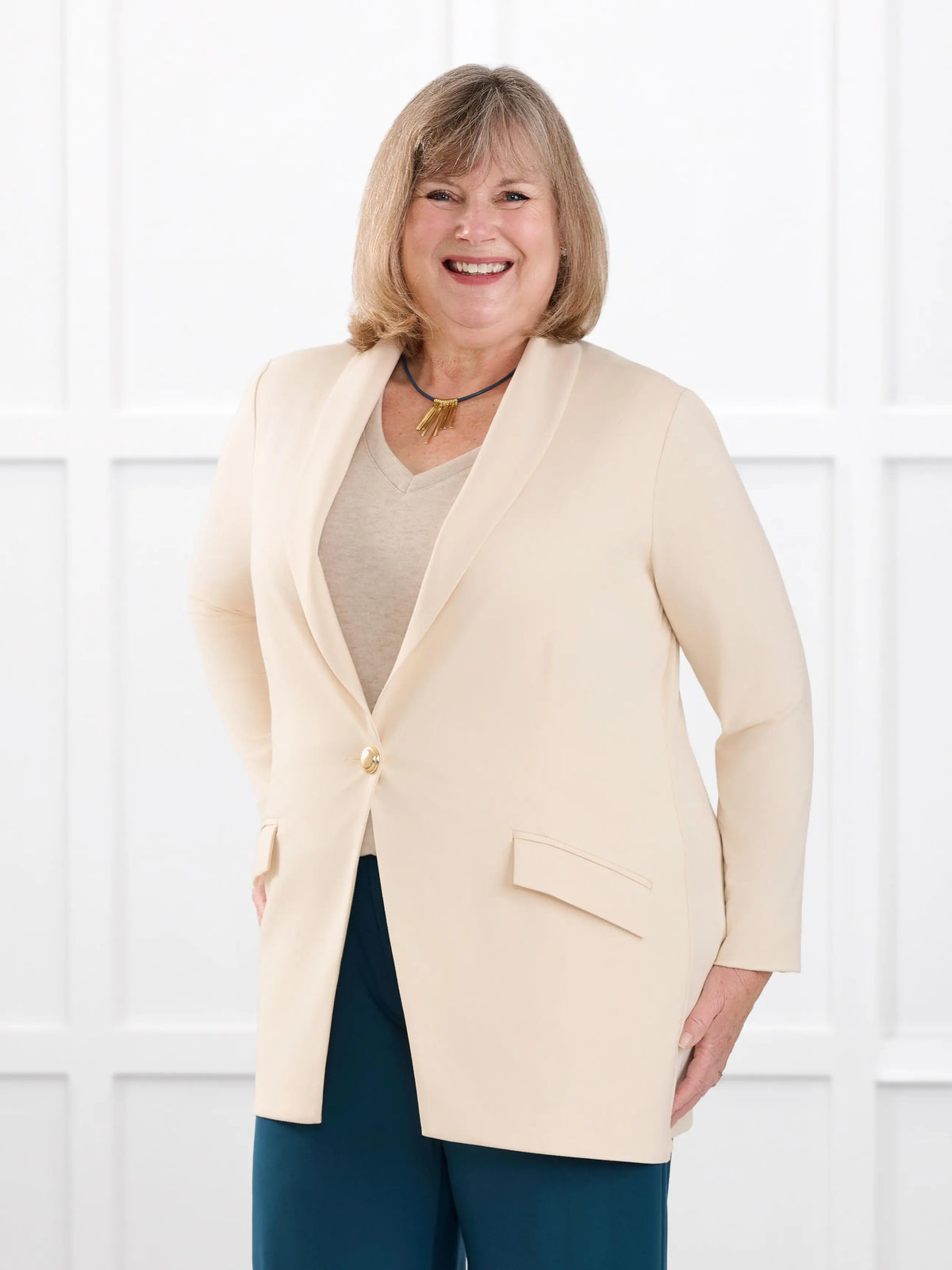 Trina relaxed tailored long blazer for women in Shortbread on model Laurie, size XXL @Laurie-XXL 
