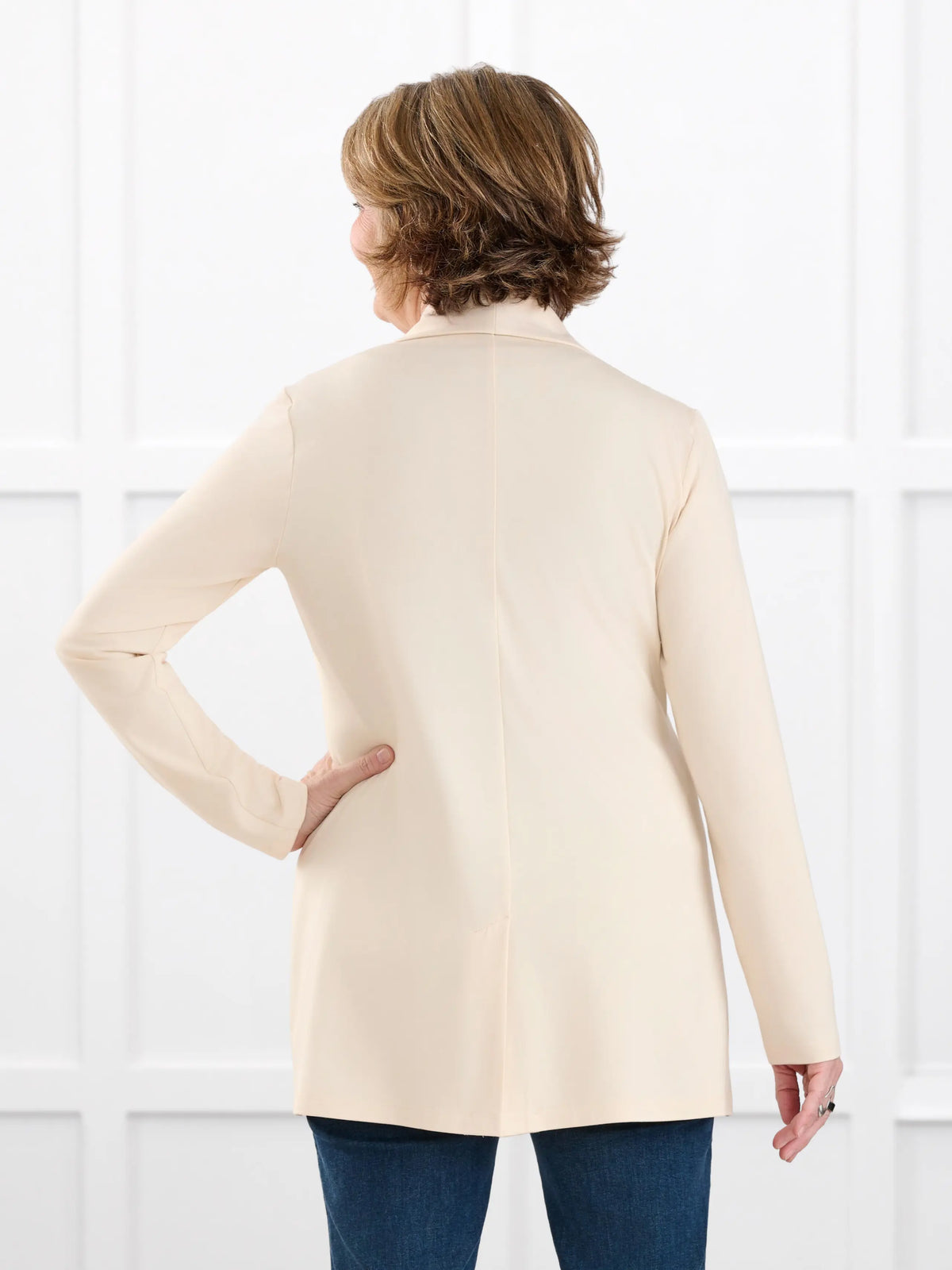 Trina relaxed tailored long blazer for women in Shortbread on model Donna, size S @Donna-S 