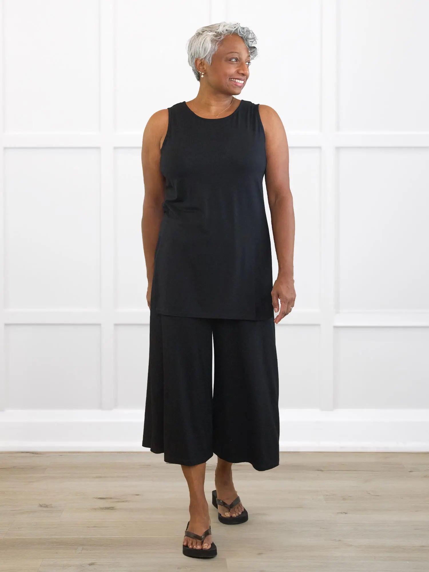 Valencia capri palazzo pocket pant in Black on model Keethai, size M Regular @Keethai-M-regular 