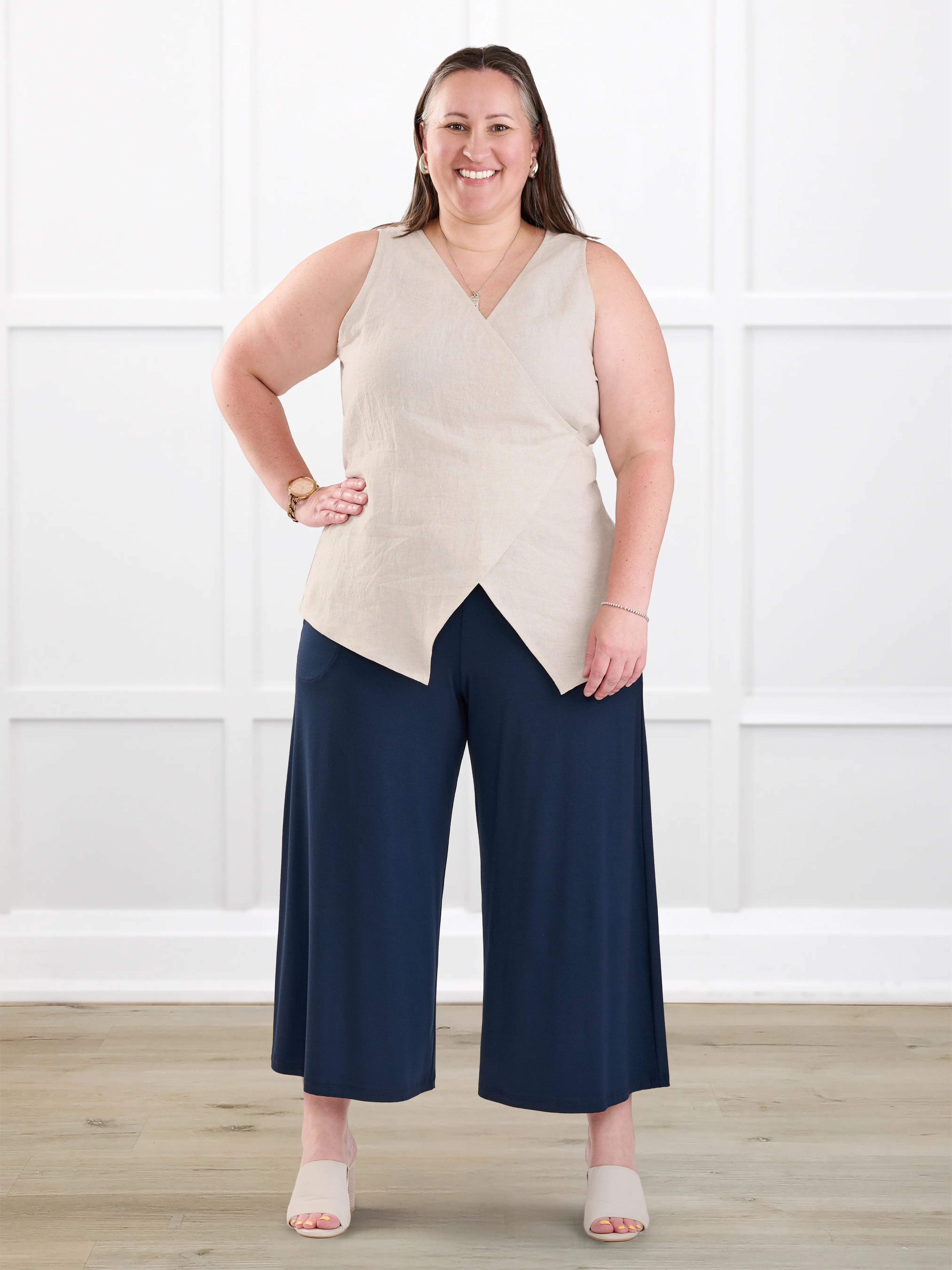 Valencia capri palazzo pocket pant in Navy on model Cristina, size XXL Regular @Cristina-XXL-regular 