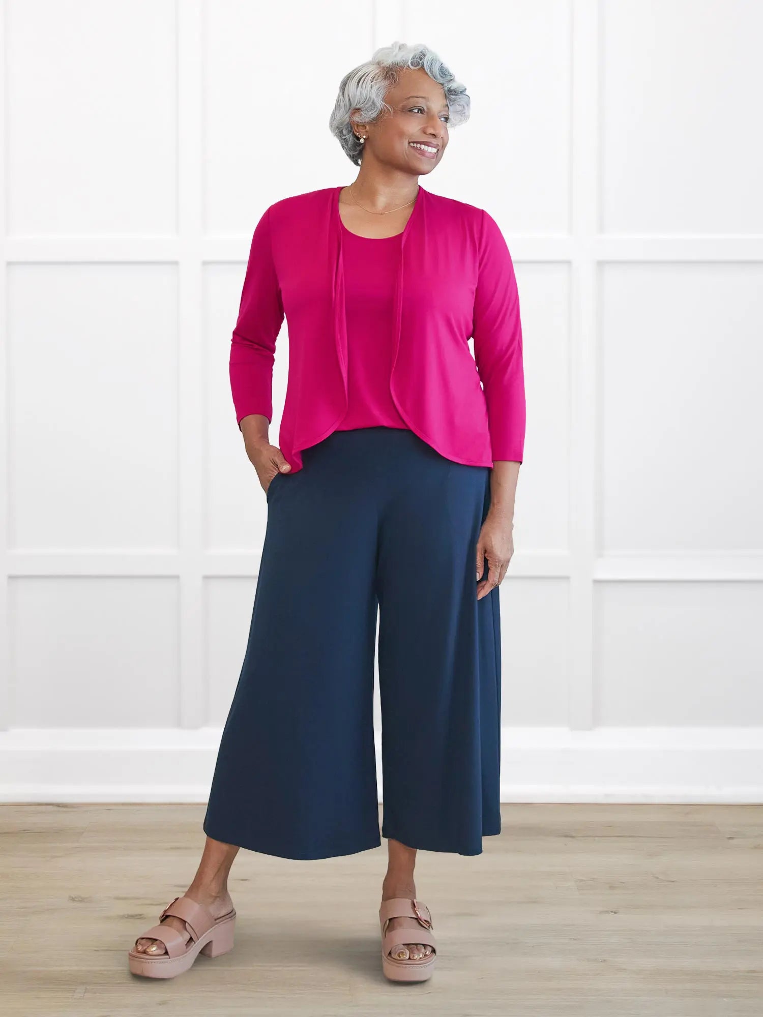 Valencia capri palazzo pocket pant in Navy on model Keethai, size M Regular @Keethai-M-regular 