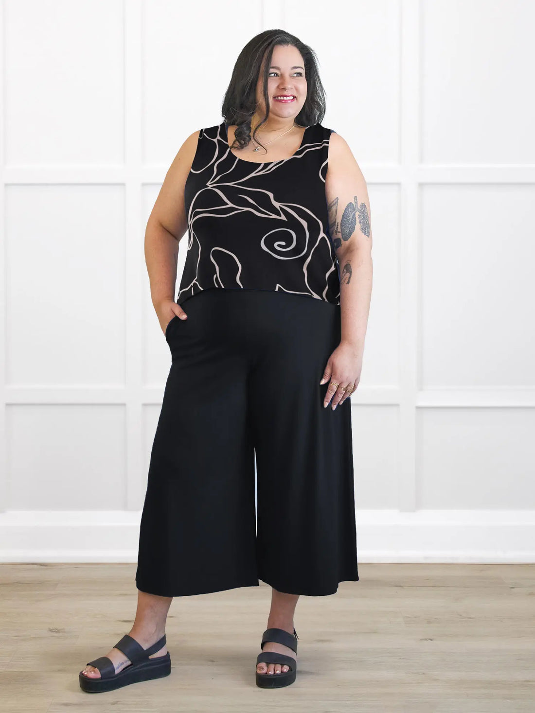 Valencia capri palazzo pocket pant for women in Black on model Sarita, size XXL Regular @Sarita-XXL-regular 