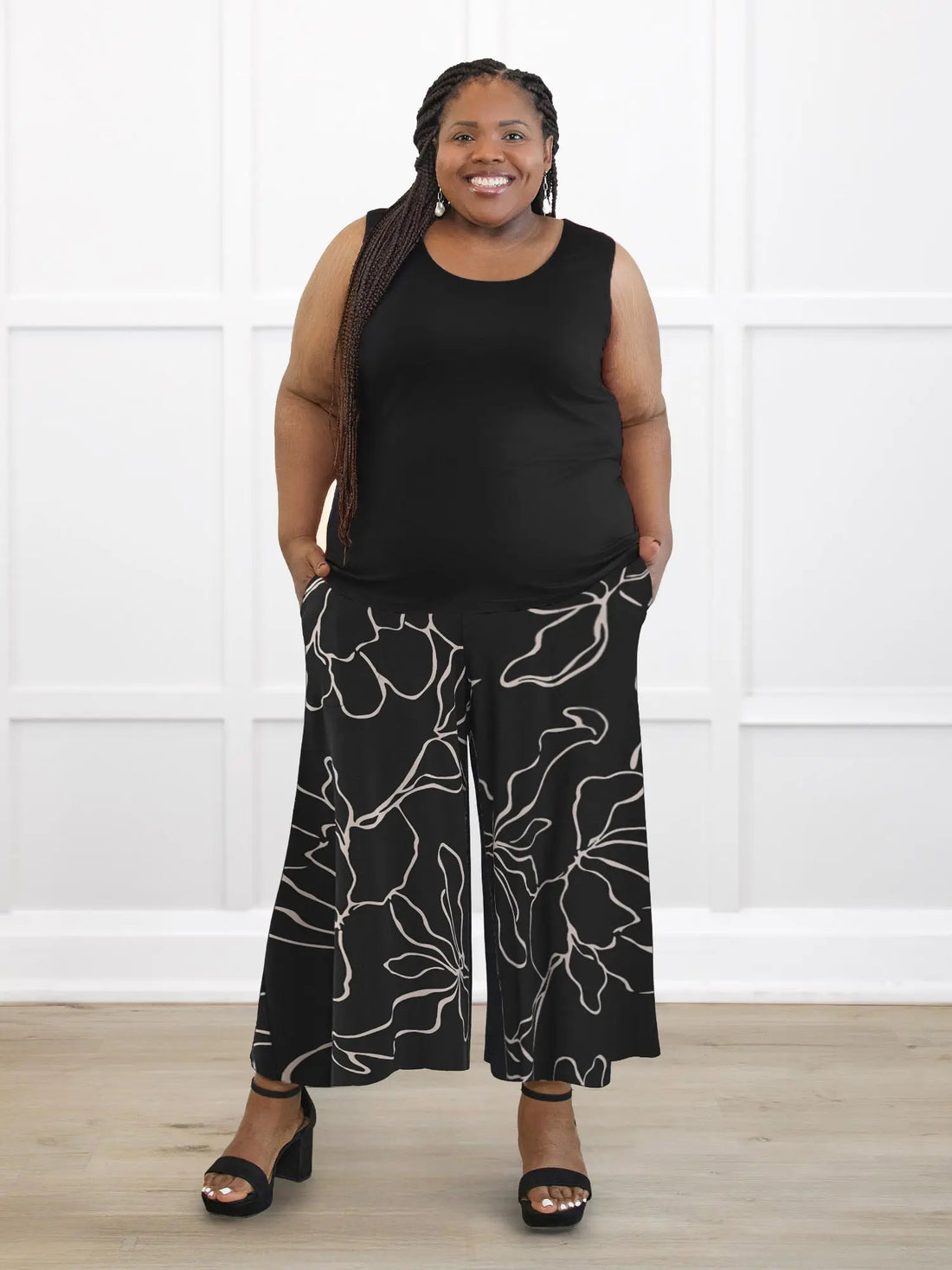 Valencia capri palazzo pocket pant for women in Contour floral on model Kimesha, size 3X @Kimesha-3x 