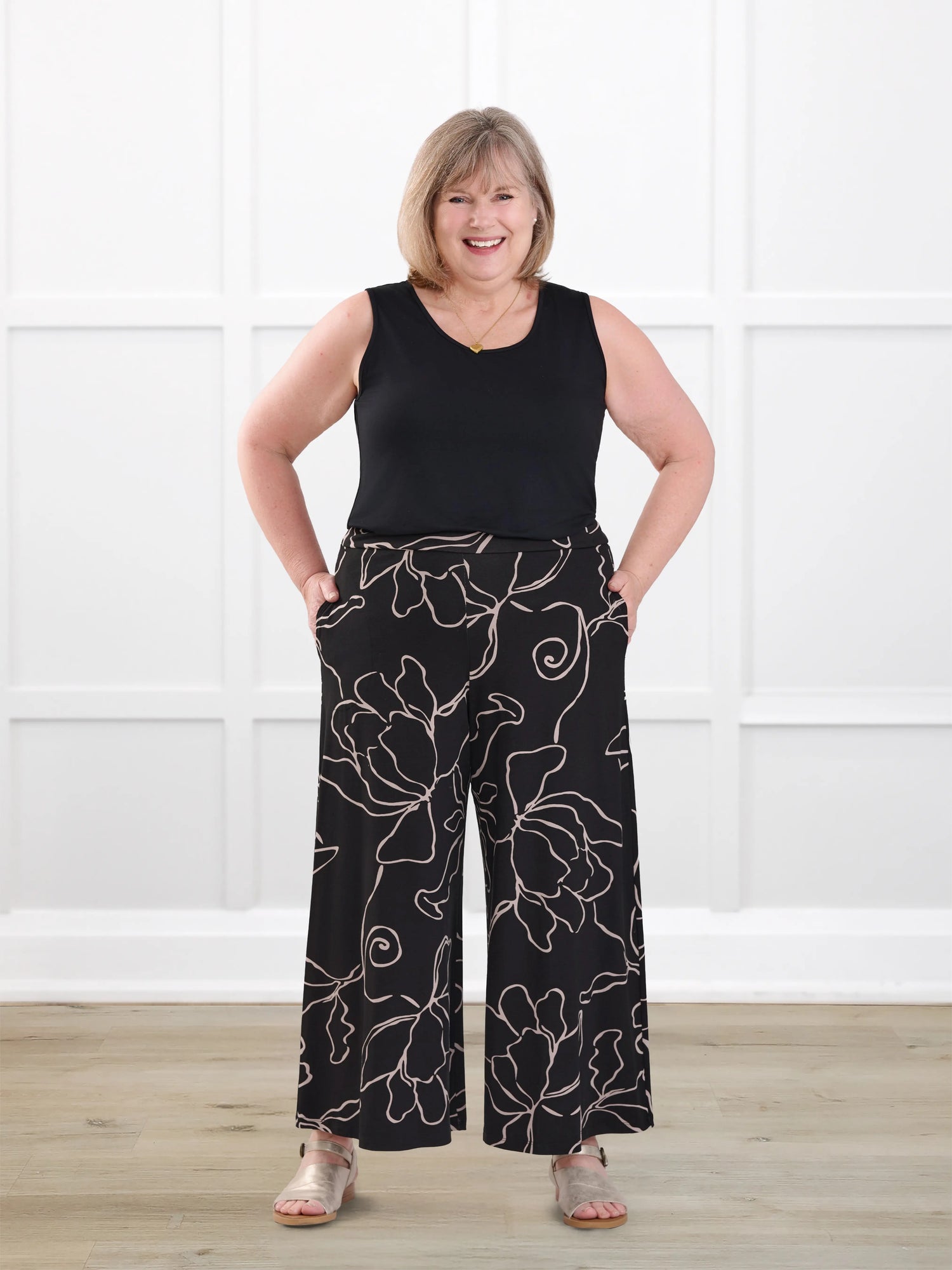 Valencia capri palazzo pocket pant for women in Contour floral on model Laurie, size XL Regular @Laurie-XL-regular 