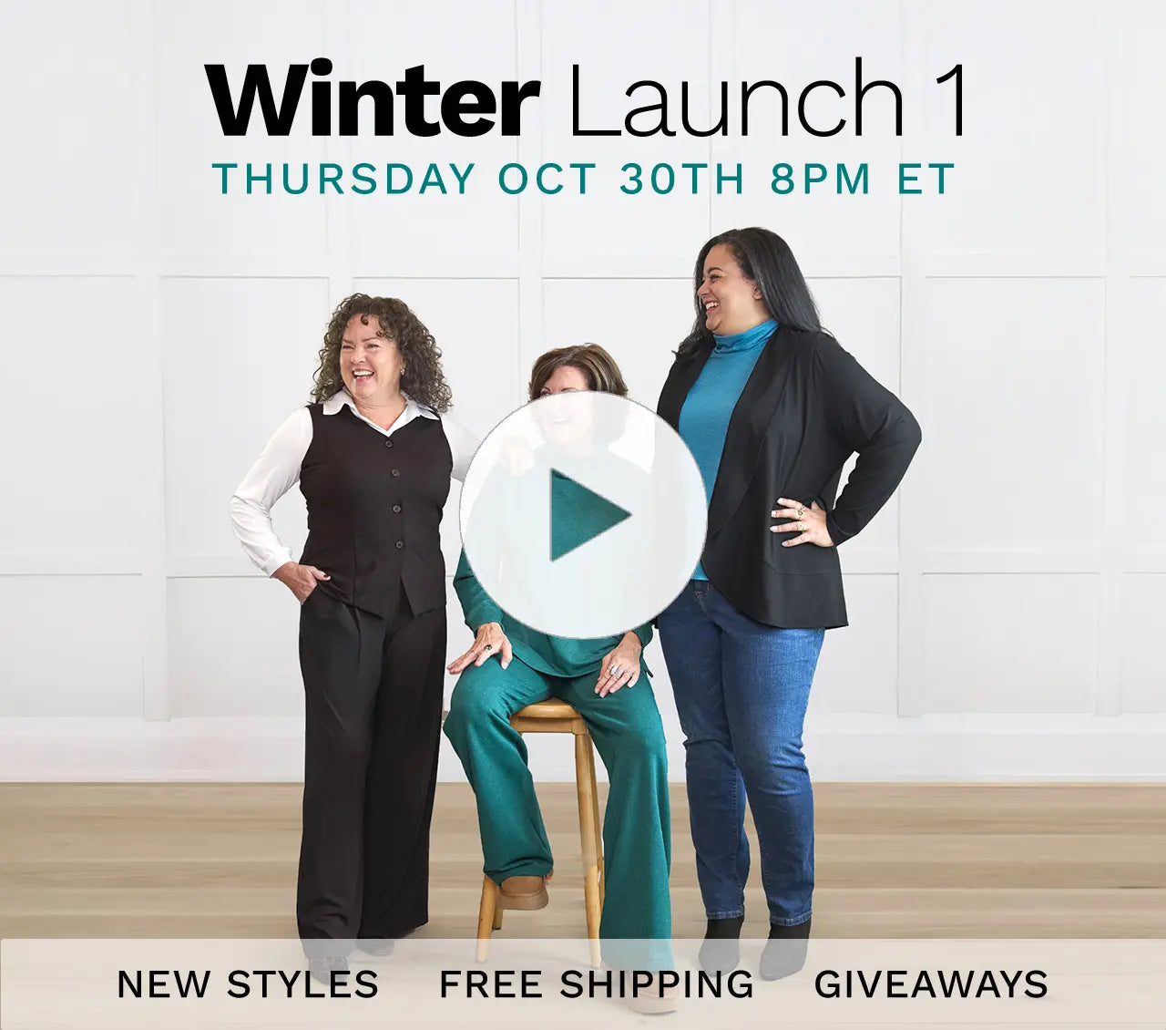Promotional image for a winter launch event with three women in business attire.