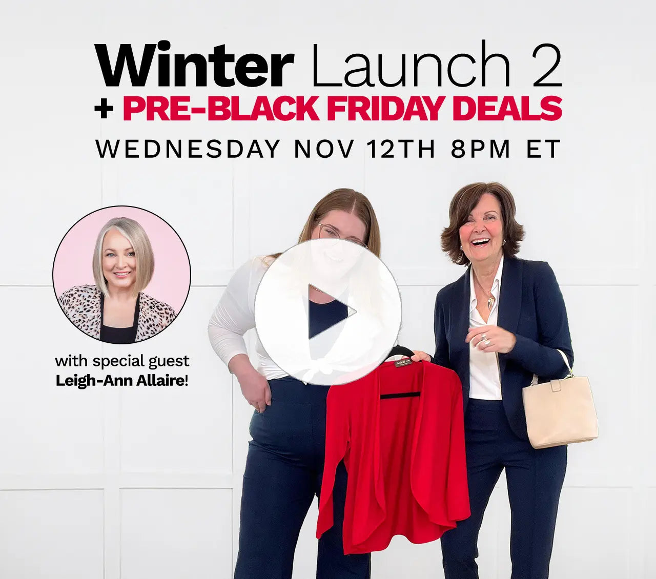 Promotional image for a winter launch event with two women holding a red jacket, featuring text about pre-Black Friday deals.