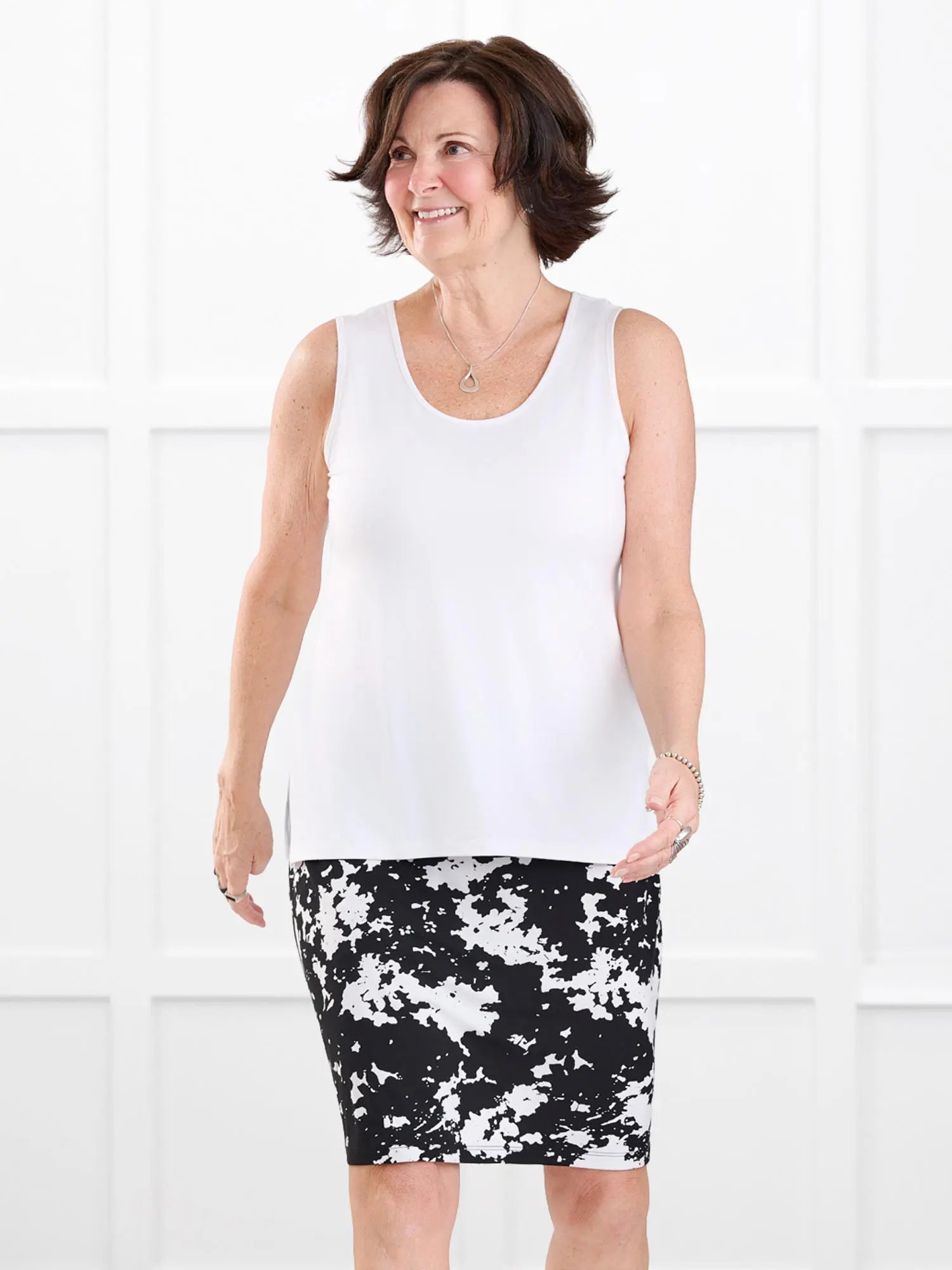 Vida pull on pencil skirt for women in Moo’d bloom on model Donna, size S @Donna-S 