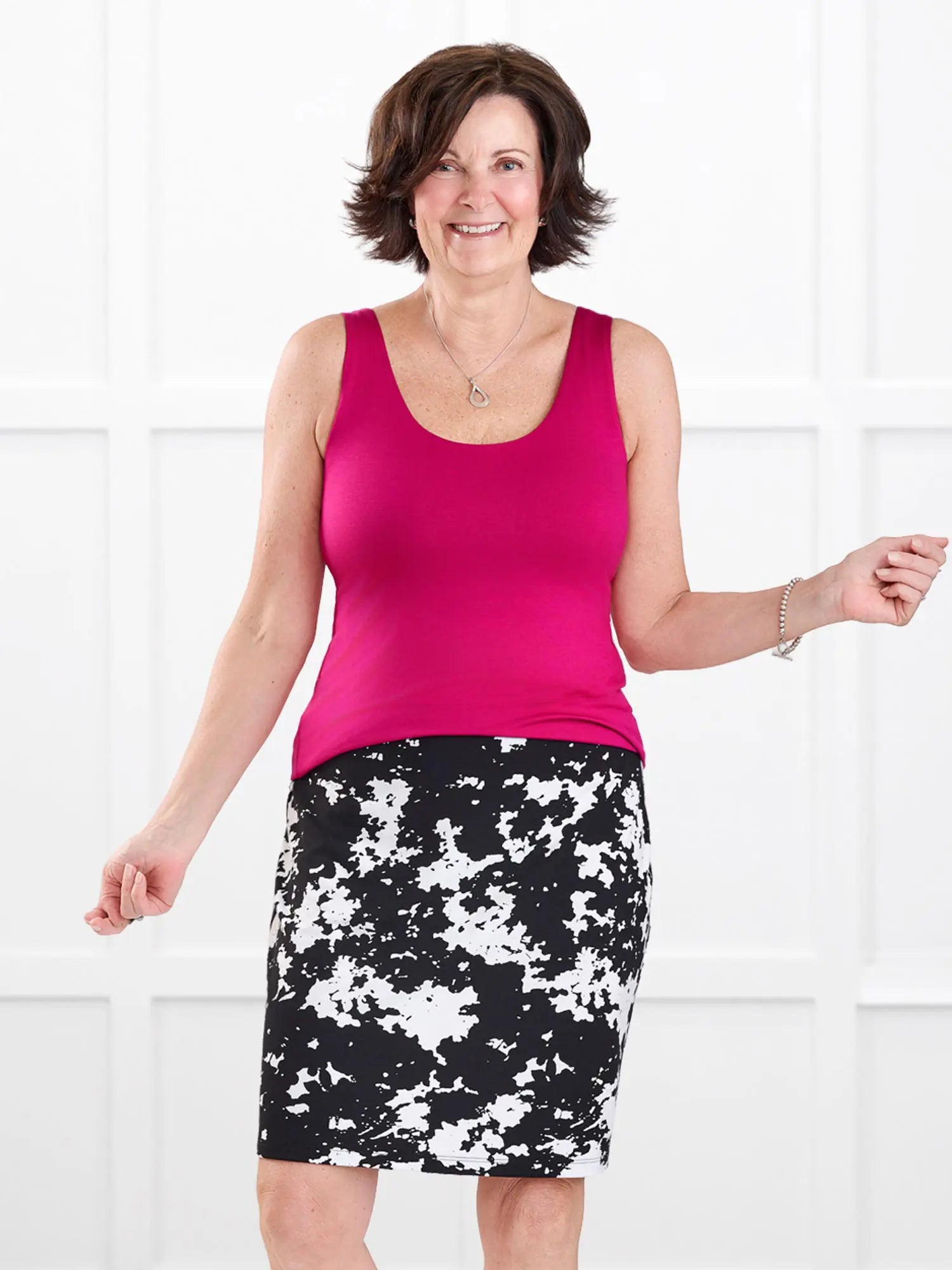 Vida pull on pencil skirt for women in Moo’d bloom on model Donna, size S @Donna-S 