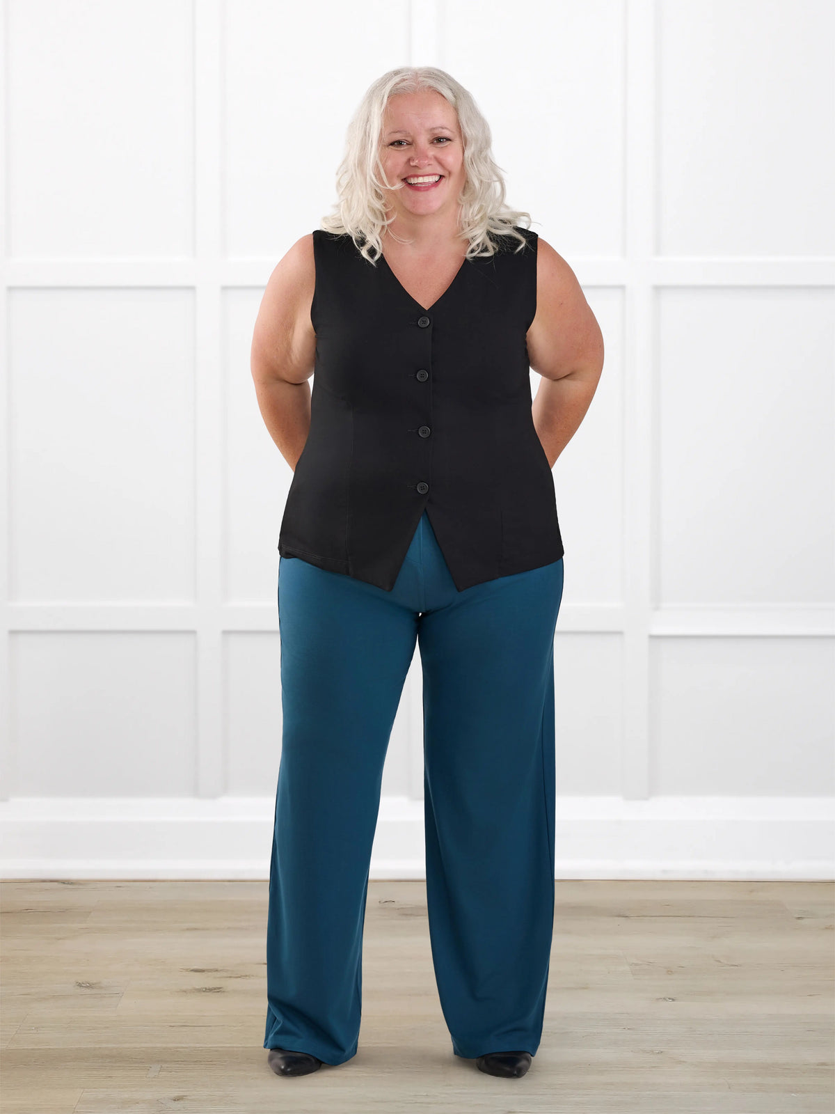 Viviana high waisted straight leg pant for women in Atlantic on model Colleen, size XXL @Colleen-XXL 