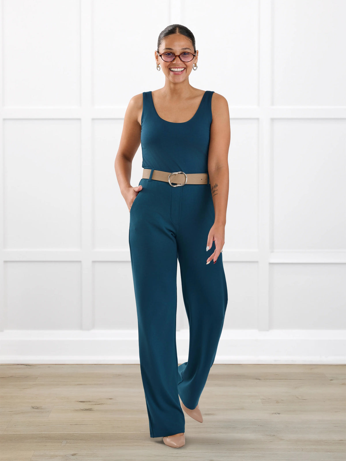 Viviana high waisted straight leg pant for women in Atlantic on model Meron, size XS @Meron-XS 