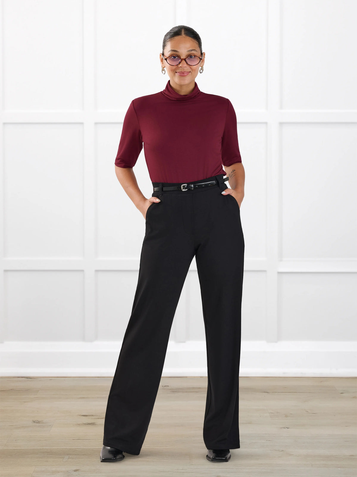 Viviana high waisted straight leg pant for women in Black on model Meron, size XS @Meron-XS 
