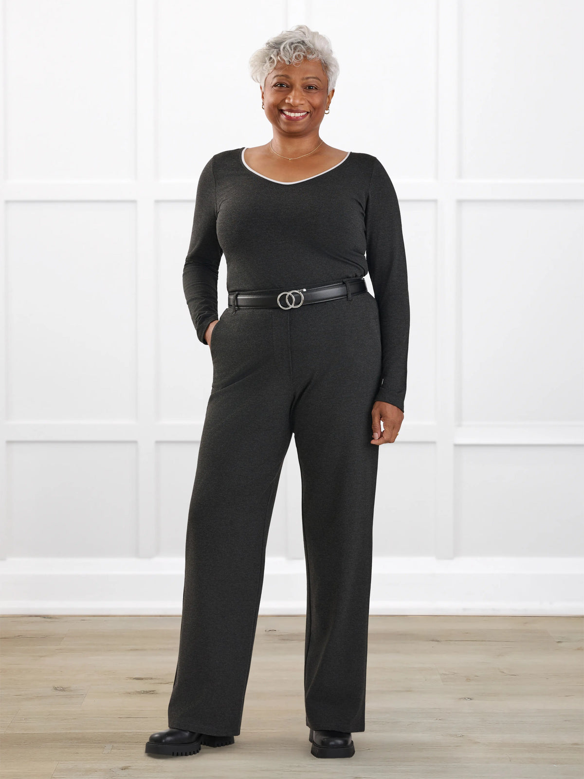 Viviana high waisted straight leg pant for women in Charcoal on model Keethai, size M @Keethai-M 