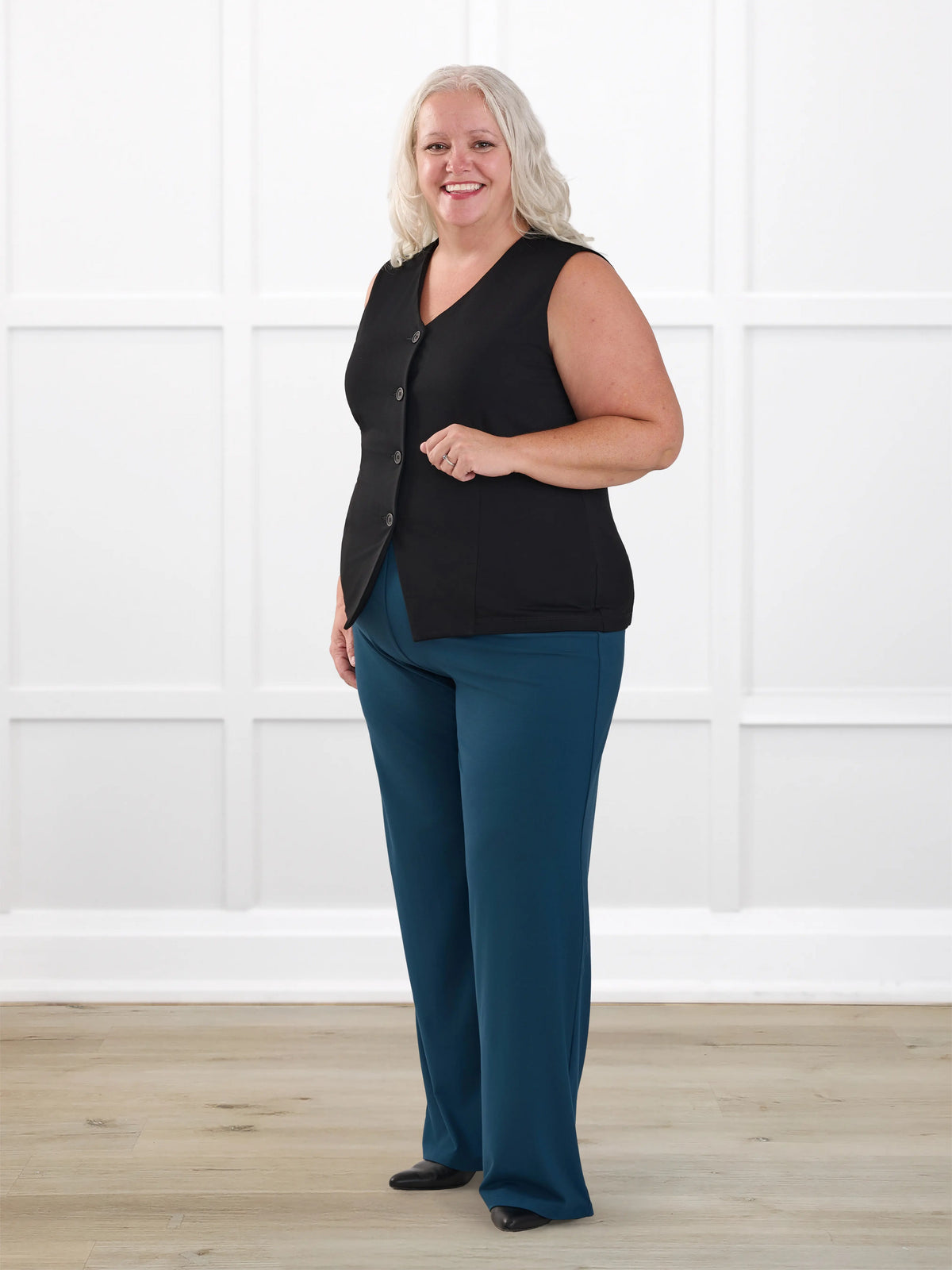Viviana high waisted straight leg pant for women in Atlantic on model Colleen, size XXL @Colleen-XXL 