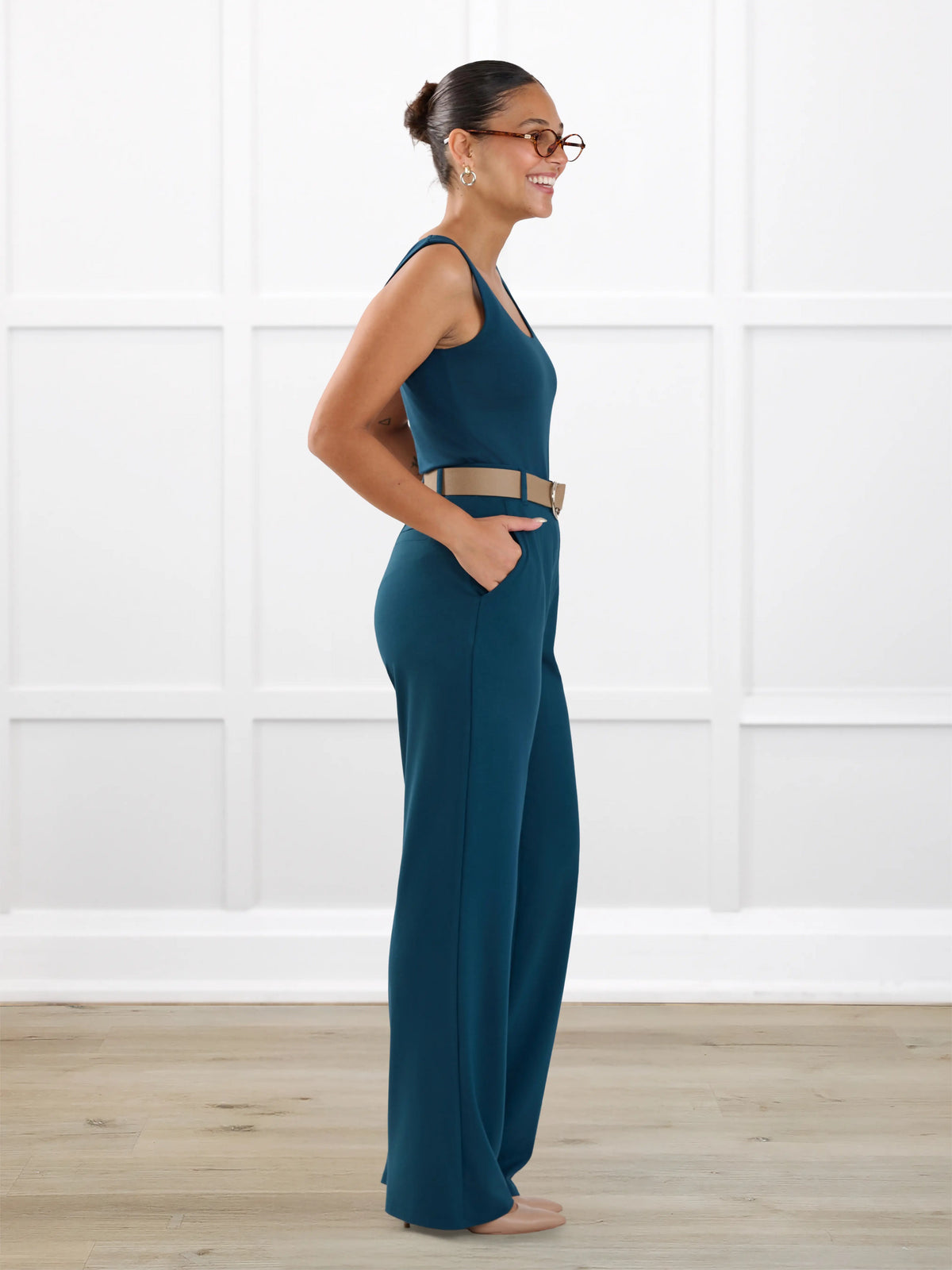 Viviana high waisted straight leg pant for women in Atlantic on model Meron, size XS @Meron-XS 