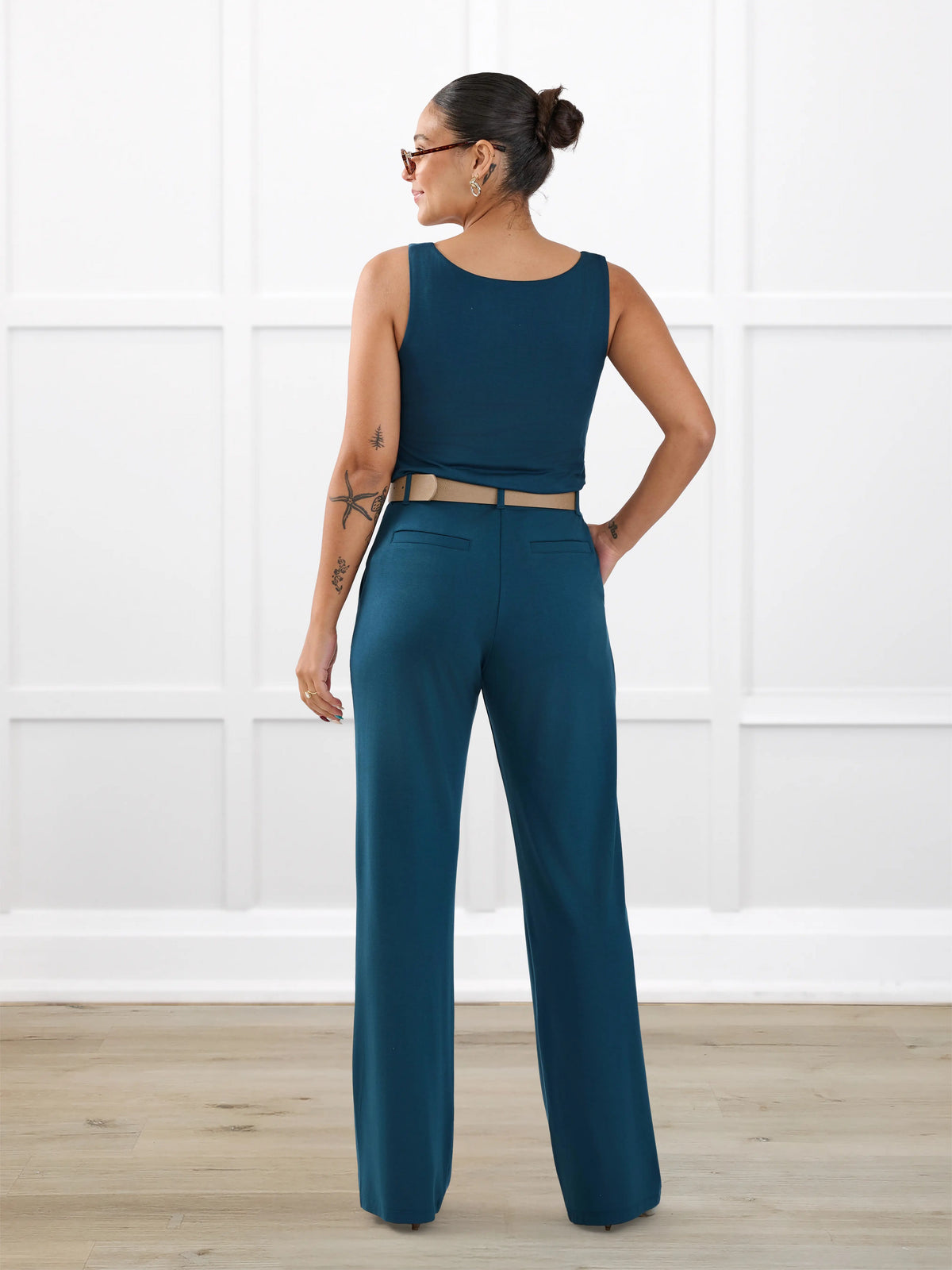 Viviana high waisted straight leg pant for women in Atlantic on model Meron, size XS @Meron-XS 