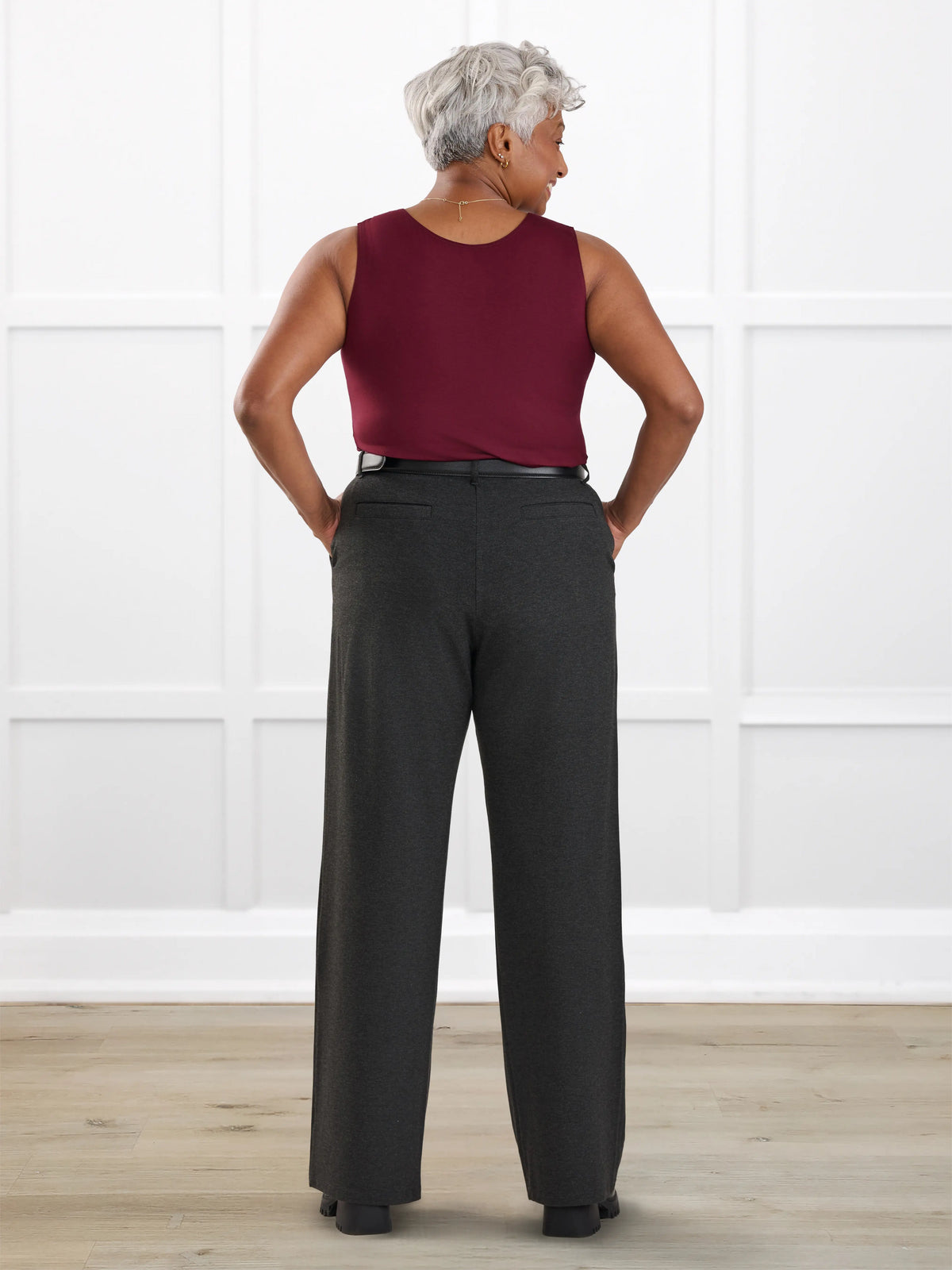 Viviana high waisted straight leg pant for women in Charcoal on model Keethai, size M @Keethai-M 