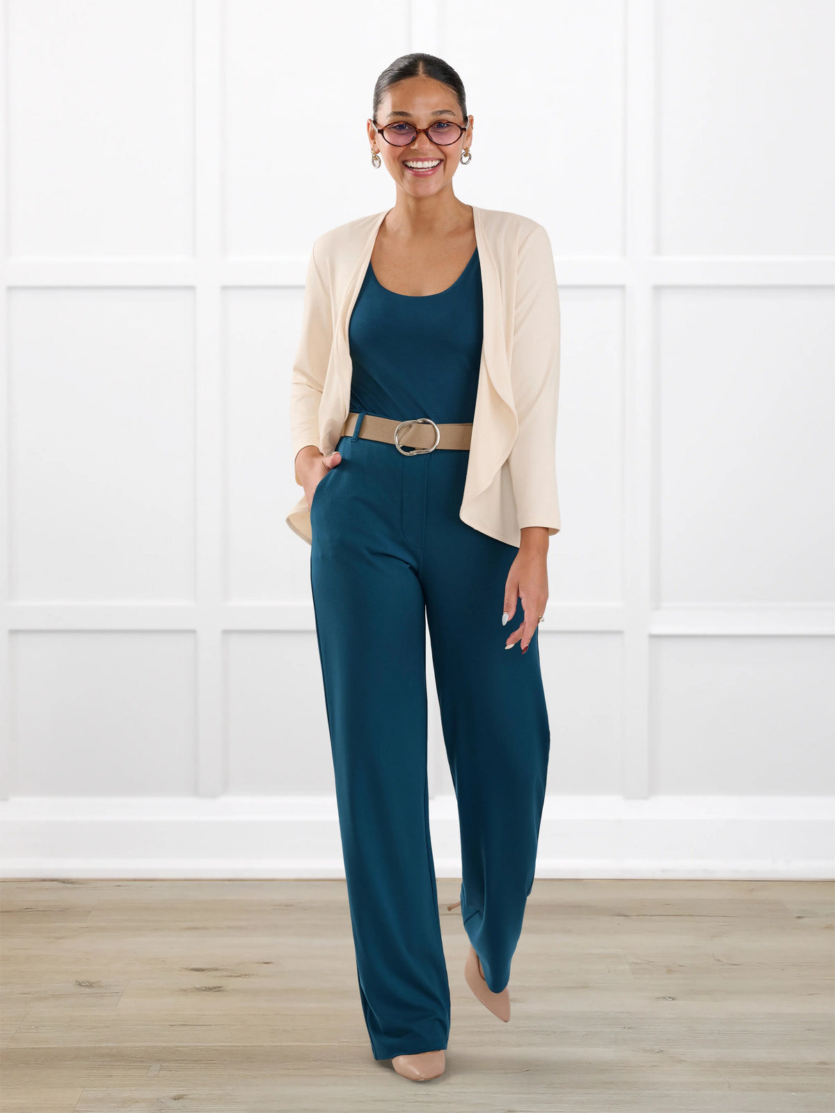 Viviana high waisted straight leg pant for women in Atlantic on model Meron, size XS @Meron-XS 