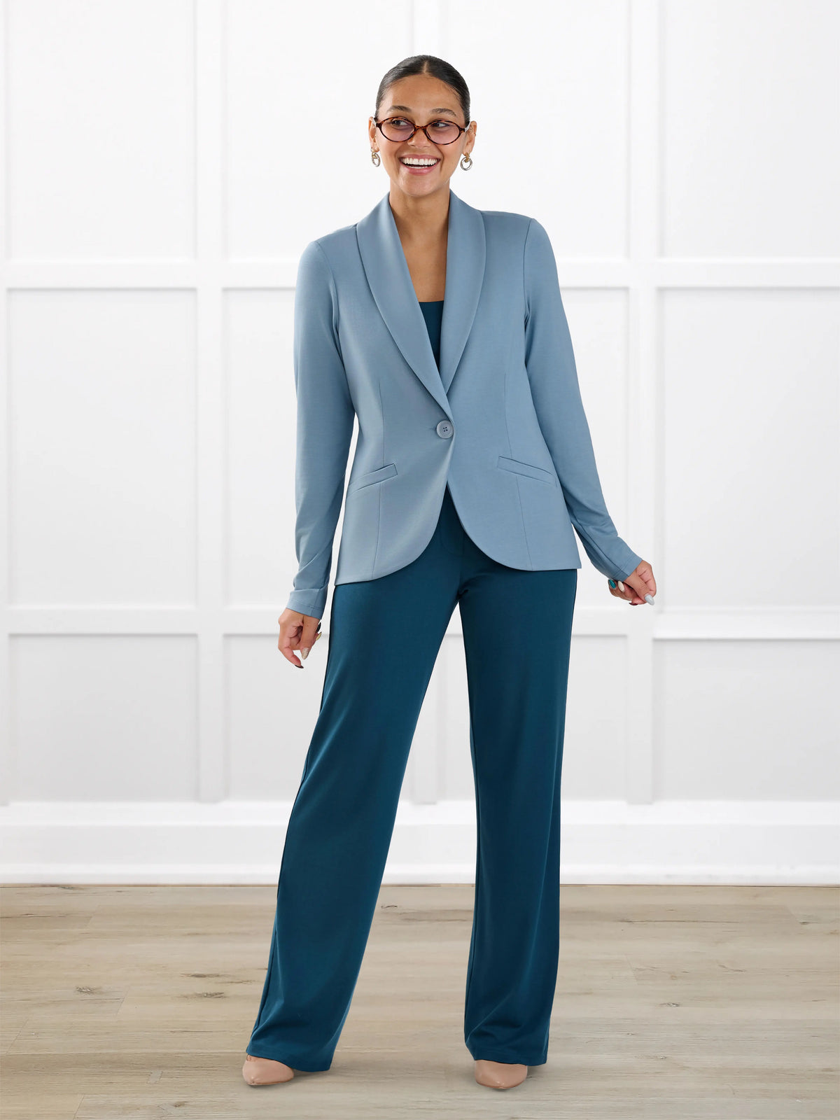 Viviana high waisted straight leg pant for women in Atlantic on model Meron, size XS @Meron-XS 