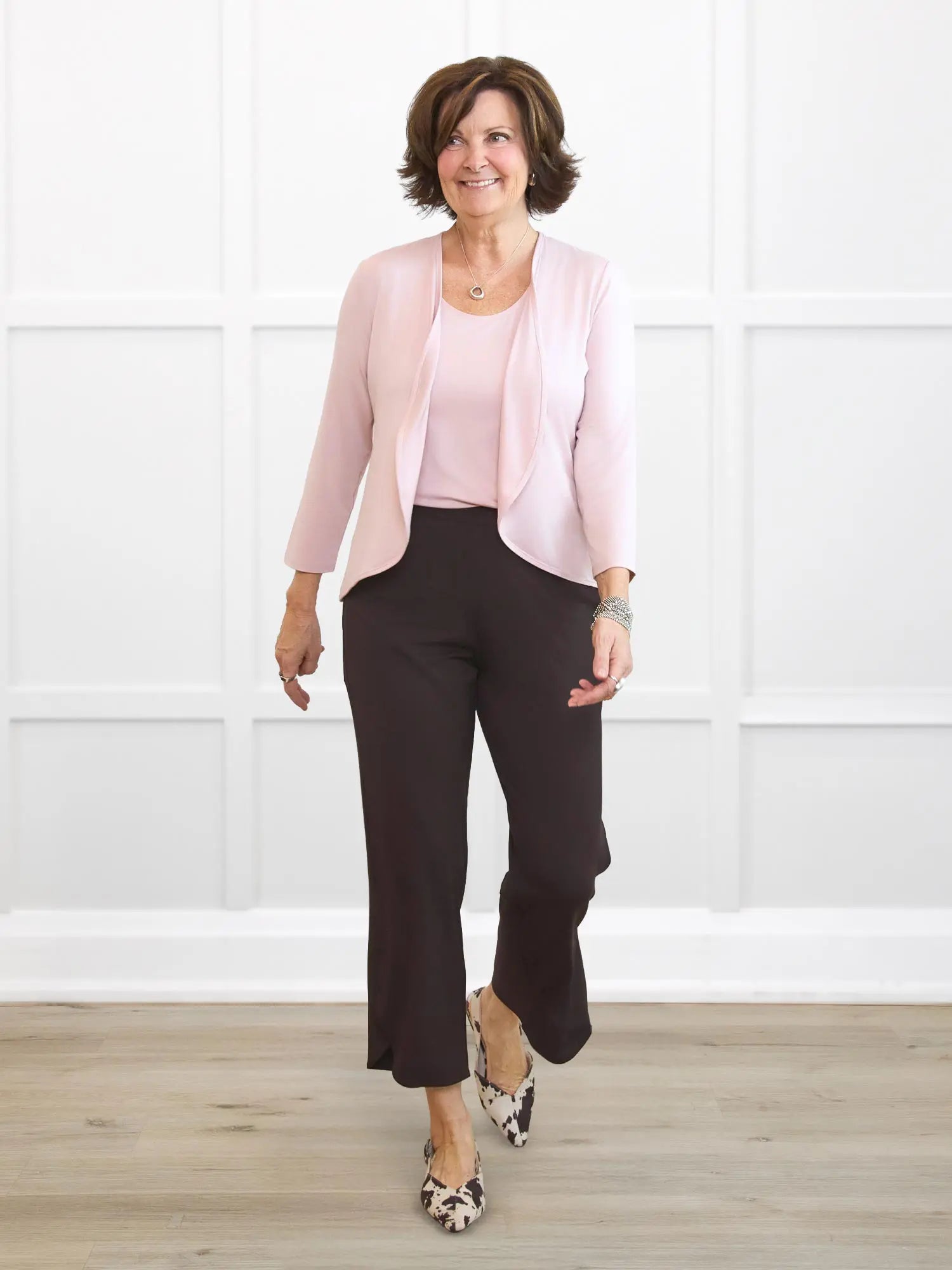 Wesley cropped waterfall cardigan for women in Ballet pink on model Donna, size S @Donna-S 