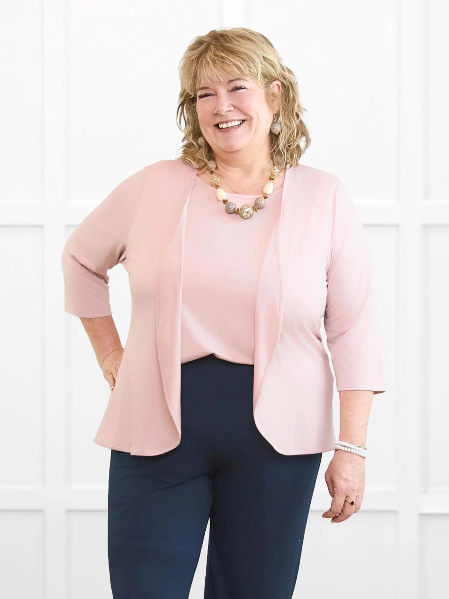 Wesley cropped waterfall cardigan for women in Ballet pink on model Kelly, size 3X @Kelly-3X 