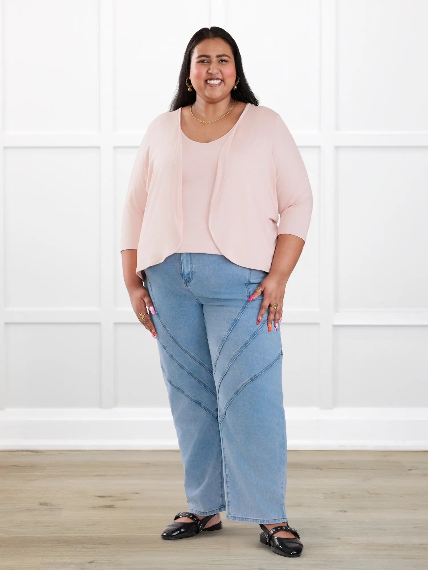 Wesley cropped waterfall cardigan for women in Ballet pink on model Sureka, size 3X @Sureka-3x 