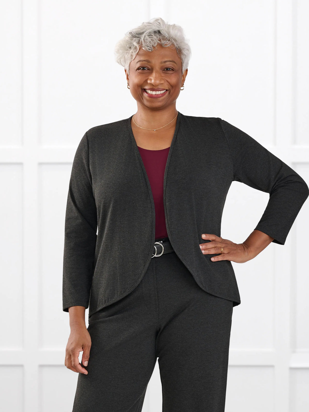 Wesley cropped waterfall cardigan for women in Charcoal on model Keethai, size M @Keethai-M 
