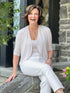 Wesley cropped waterfall cardigan for women in Cobblestone on model Donna, size S @Donna-S 