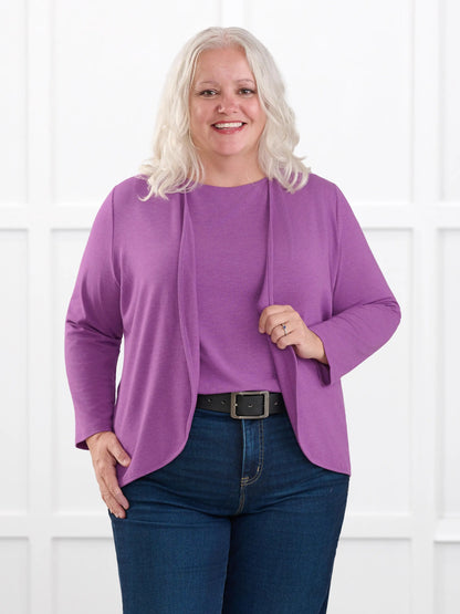 Wesley cropped waterfall cardigan for women in Lupin melange on model Colleen, size XXL @Colleen-XXL 