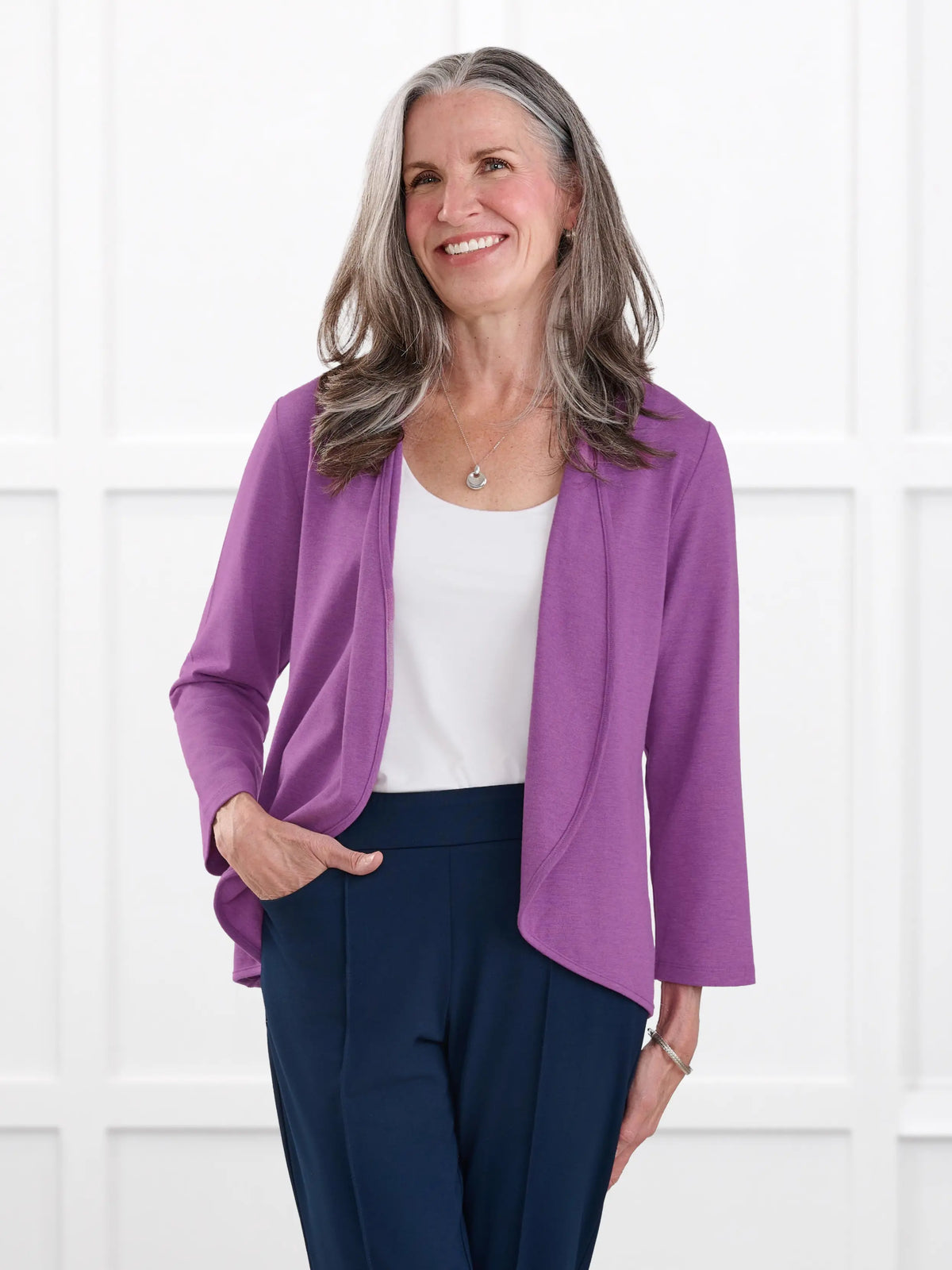 Wesley cropped waterfall cardigan for women in Lupin melange on model Jen, size XS @Jen-XS 