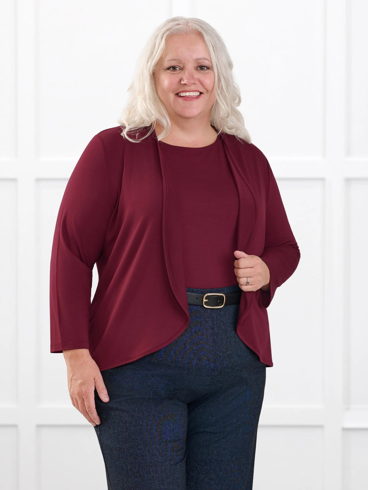 Wesley cropped waterfall cardigan for women in Merlot on model Colleen, size XXL @Colleen-XXL 