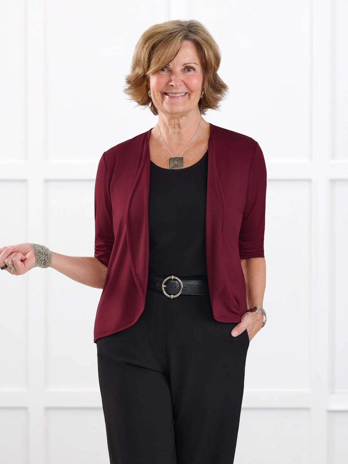 Wesley cropped waterfall cardigan for women in Merlot on model Donna, size S @Donna-S 