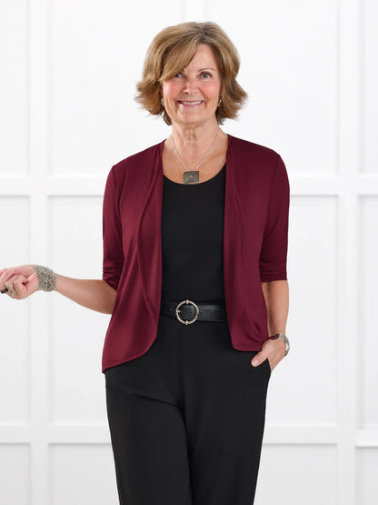 Wesley cropped waterfall cardigan for women in Merlot on model Donna, size S @Donna-S 