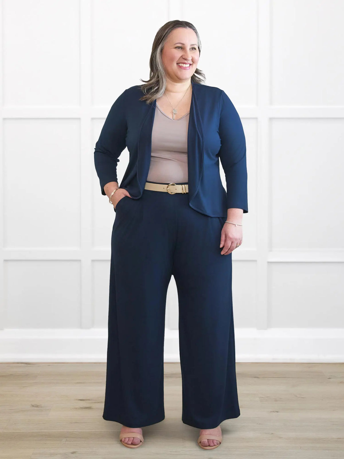 Wesley cropped waterfall cardigan for women 00 in Navy on model Cristina, size XXL @Cristina-XXL 