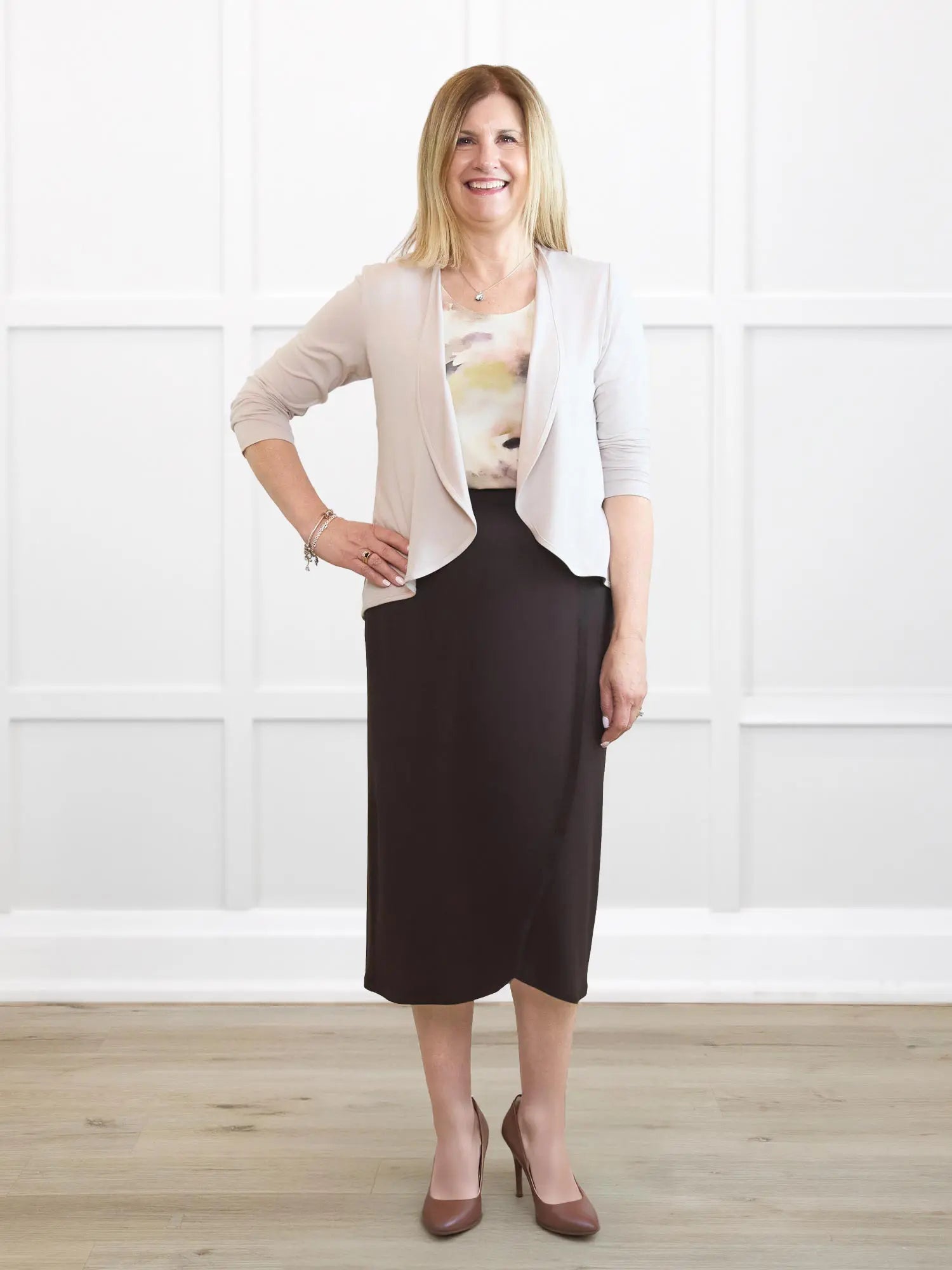 Wesley cropped waterfall cardigan for women 00 in Sandstone on model Natasha, size S @Natasha-S 