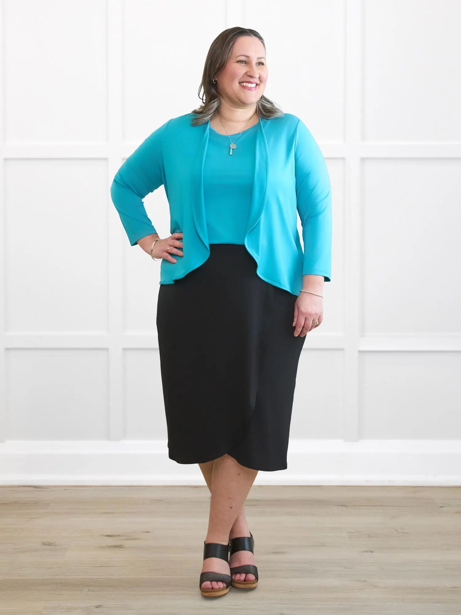 Wesley cropped waterfall cardigan for women 00 in Sea glass on model Cristina, size XXL @Cristina-XXL 