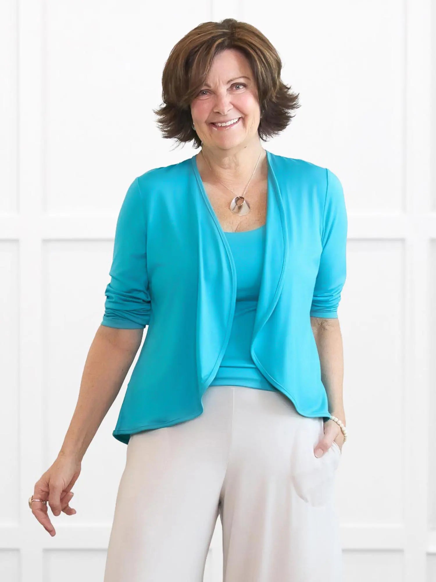 Wesley cropped waterfall cardigan for women 00 in Sea glass on model Donna, size S @Donna-S 