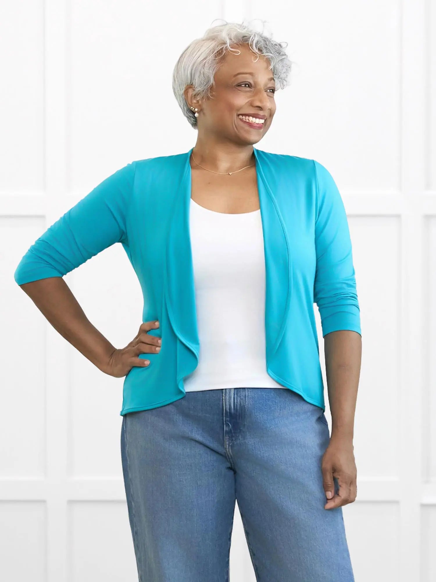 Wesley cropped waterfall cardigan for women 00 in Sea glass on model Keethai, size M @Keethai-M 