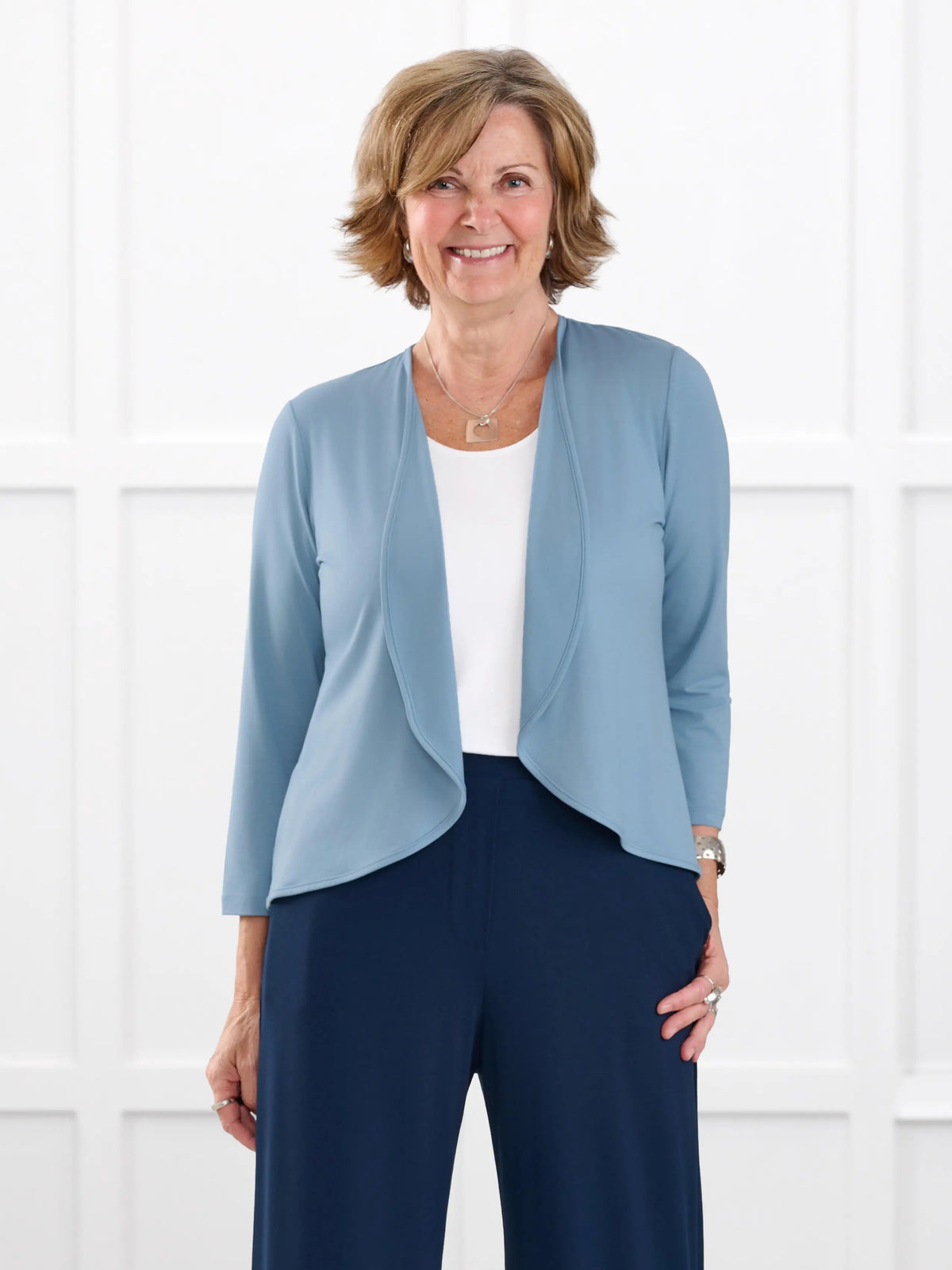 Wesley cropped waterfall cardigan for women in Steel blue on model Donna, size S @Donna-S 