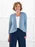Wesley cropped waterfall cardigan for women in Steel blue on model Donna, size S @Donna-S 