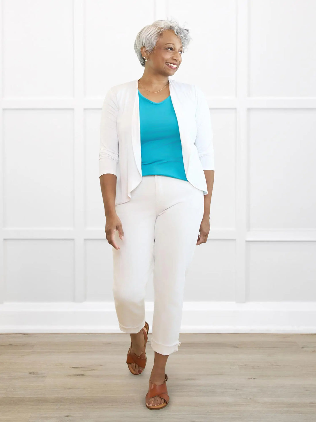 Wesley cropped waterfall cardigan for women 00 in White on model Keethai, size M @Keethai-M 