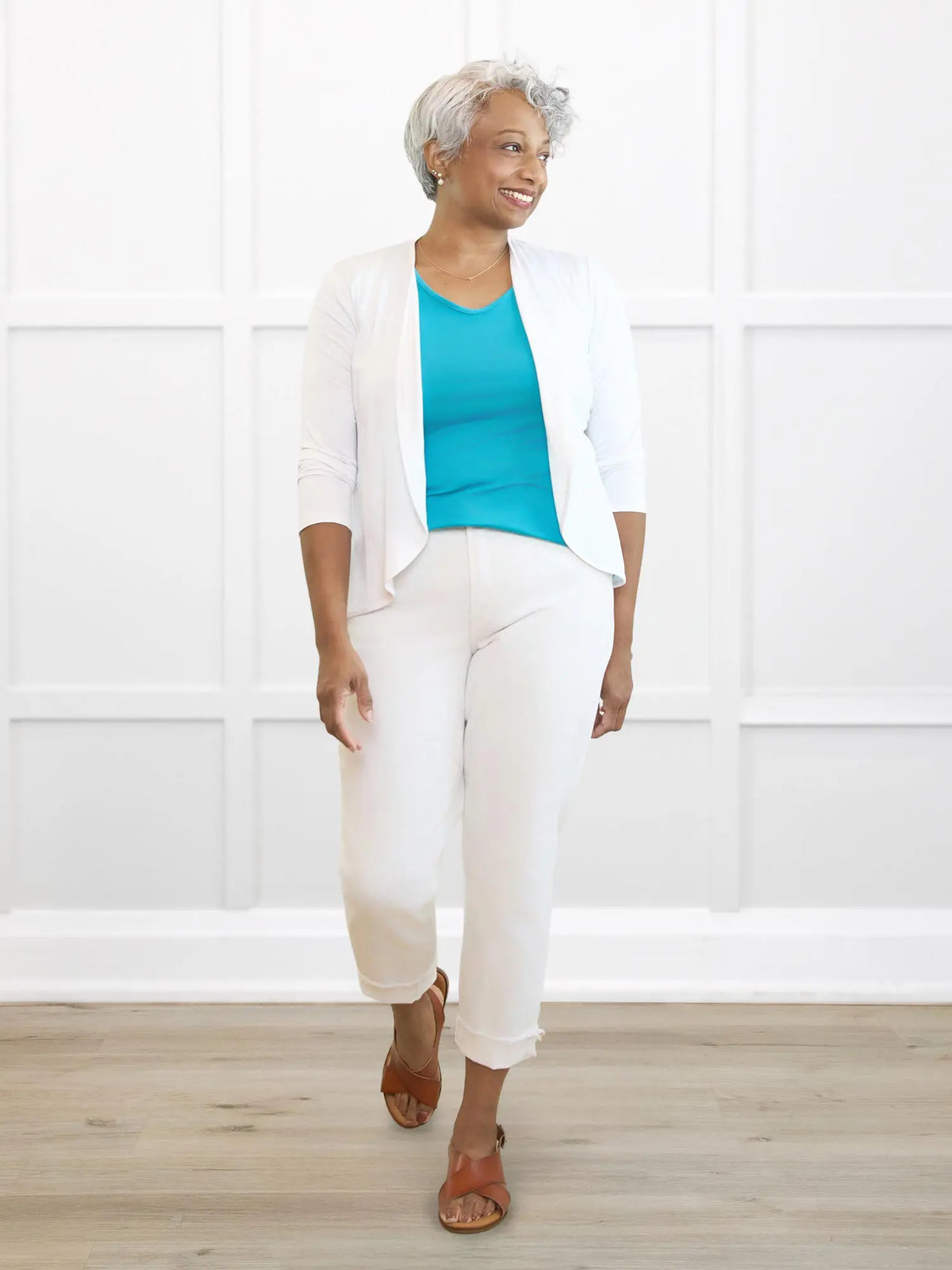 Wesley cropped waterfall cardigan for women 00 in White on model Keethai, size M @Keethai-M 
