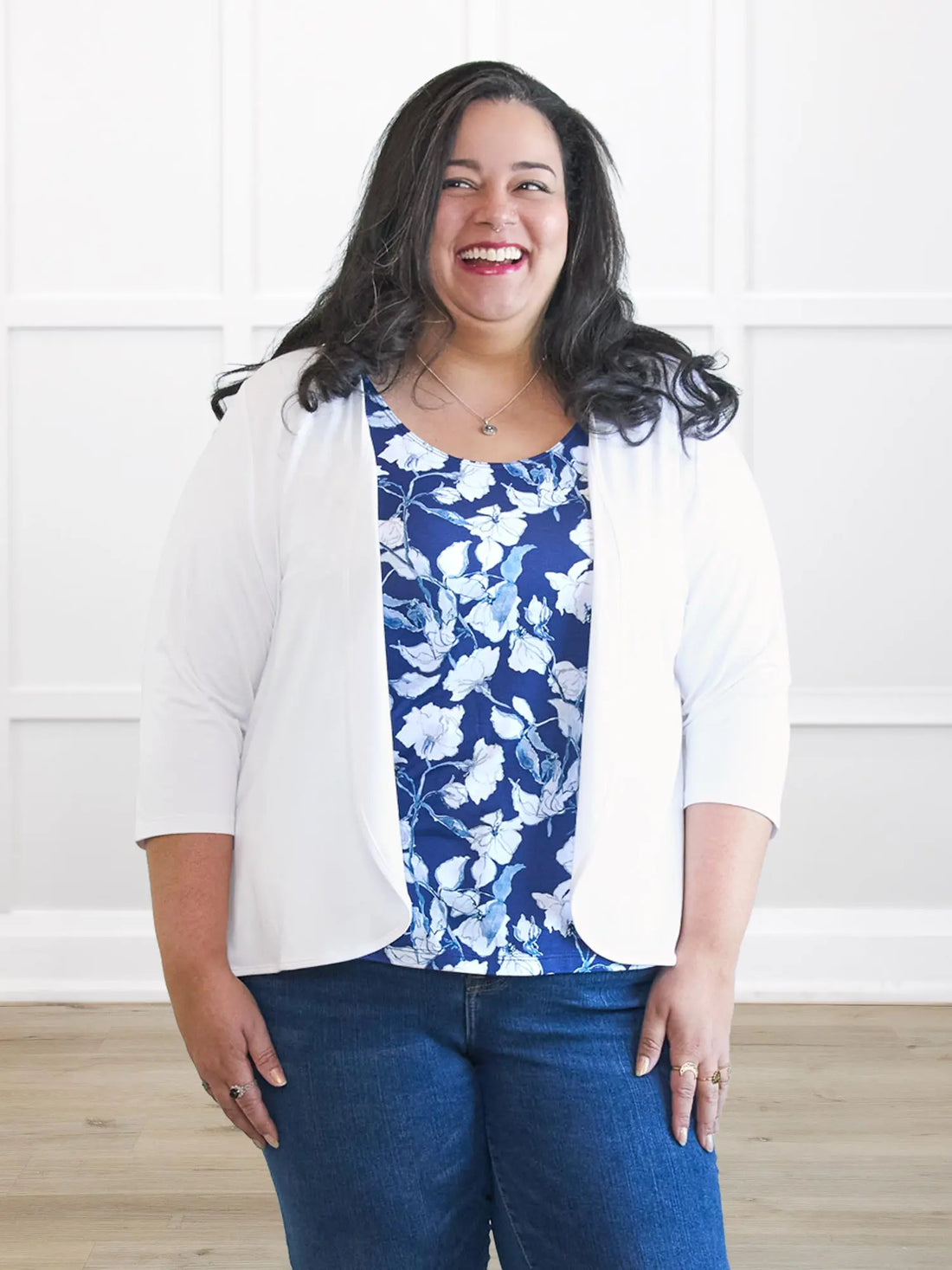 Wesley cropped waterfall cardigan for women 00 in White on model Sarita, size 2X @Sarita-2x 