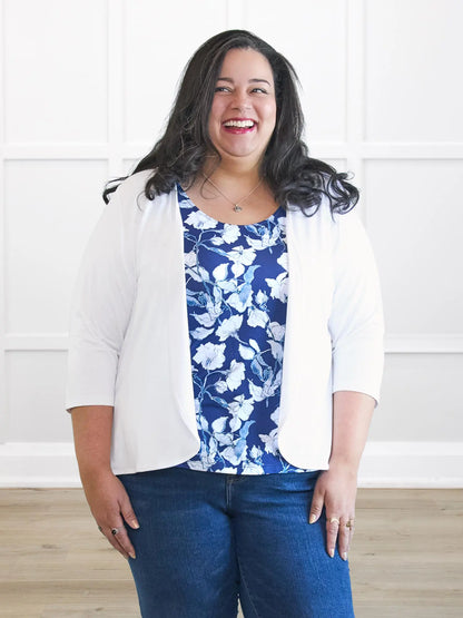 Wesley cropped waterfall cardigan for women 00 in White on model Sarita, size 2X @Sarita-2x 