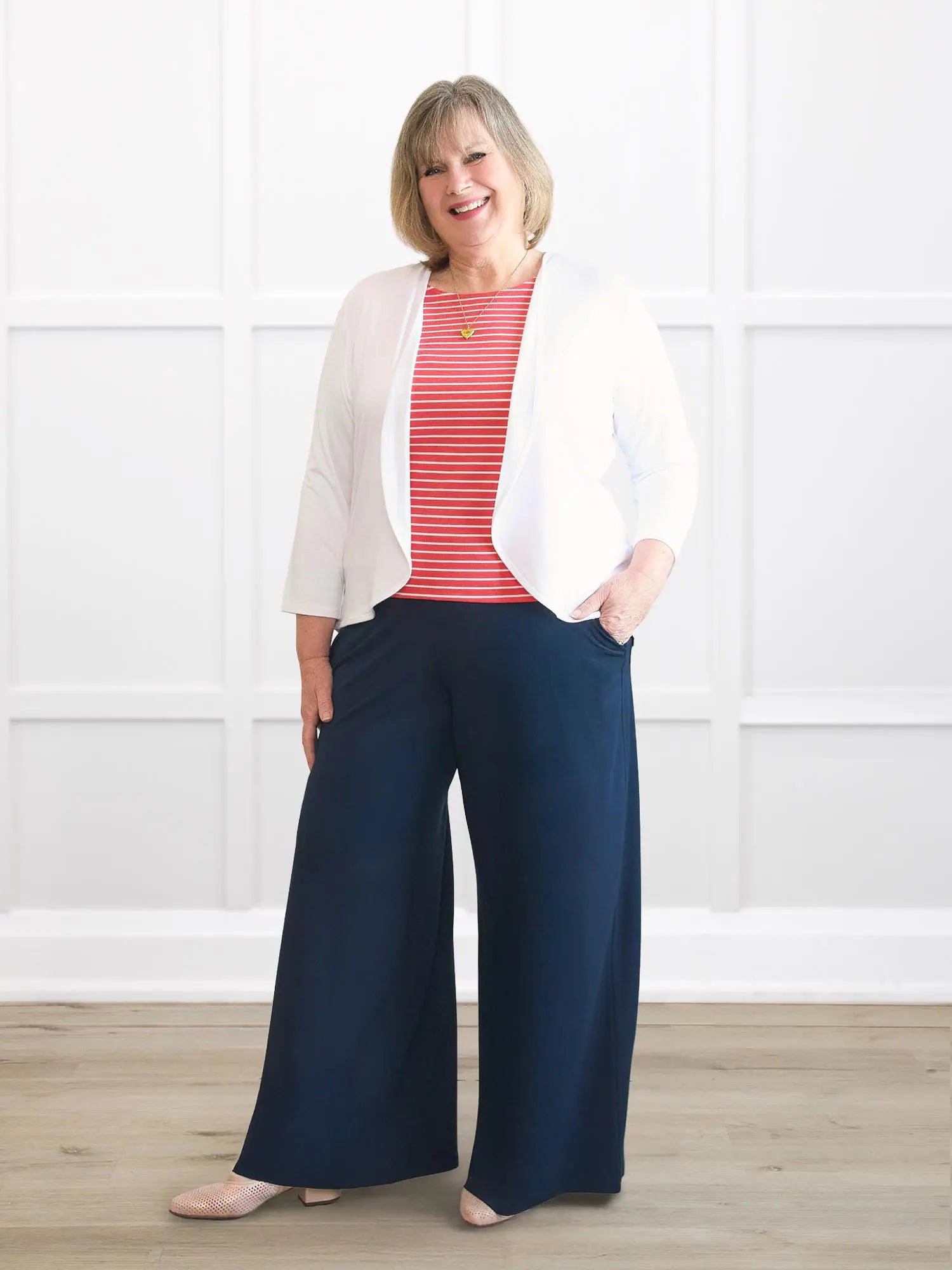 Wesley cropped waterfall cardigan for women in White on model Laurie, size XL @Laurie-XL 