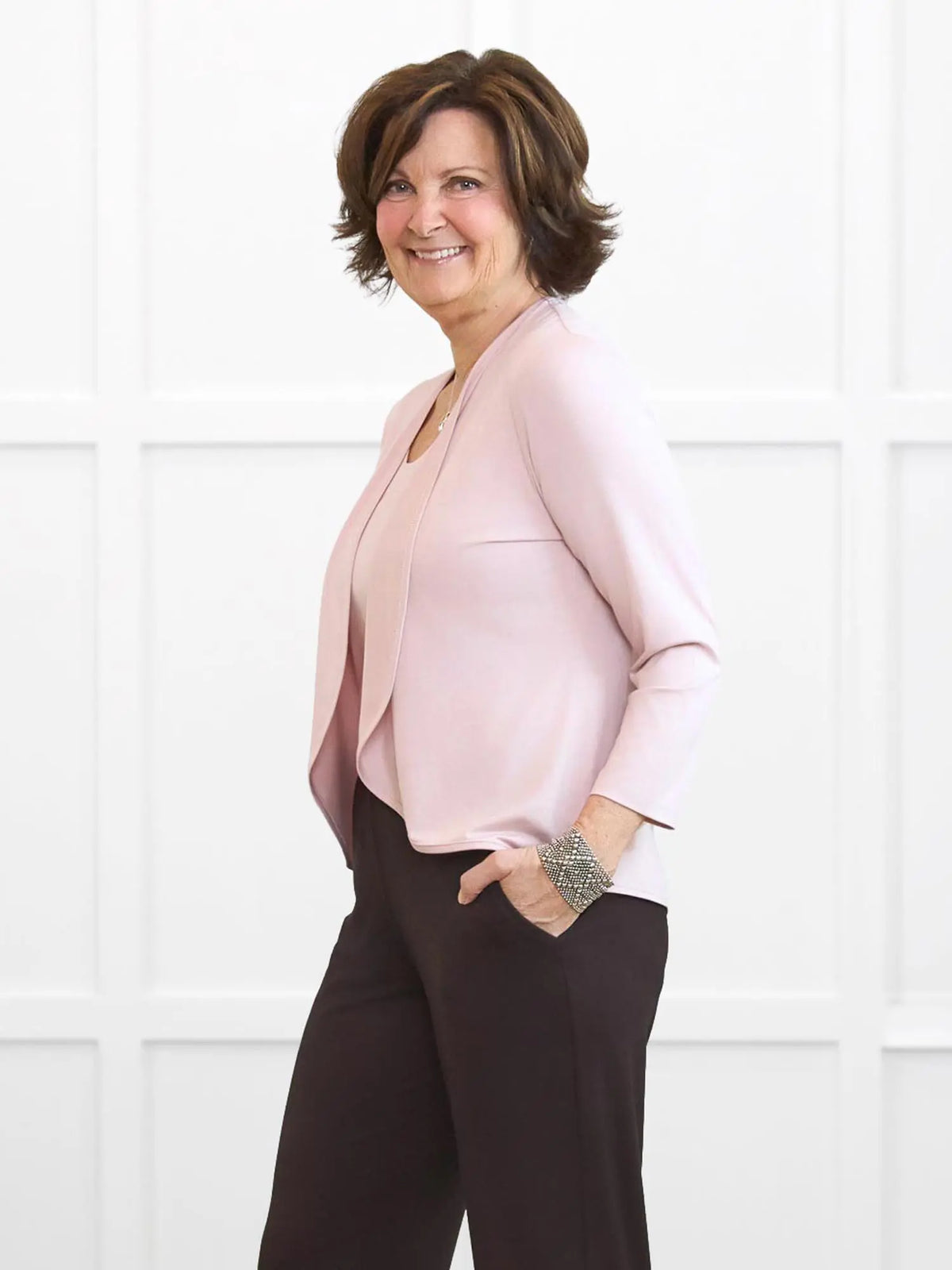 Wesley cropped waterfall cardigan for women in Ballet pink on model Donna, size S @Donna-S 