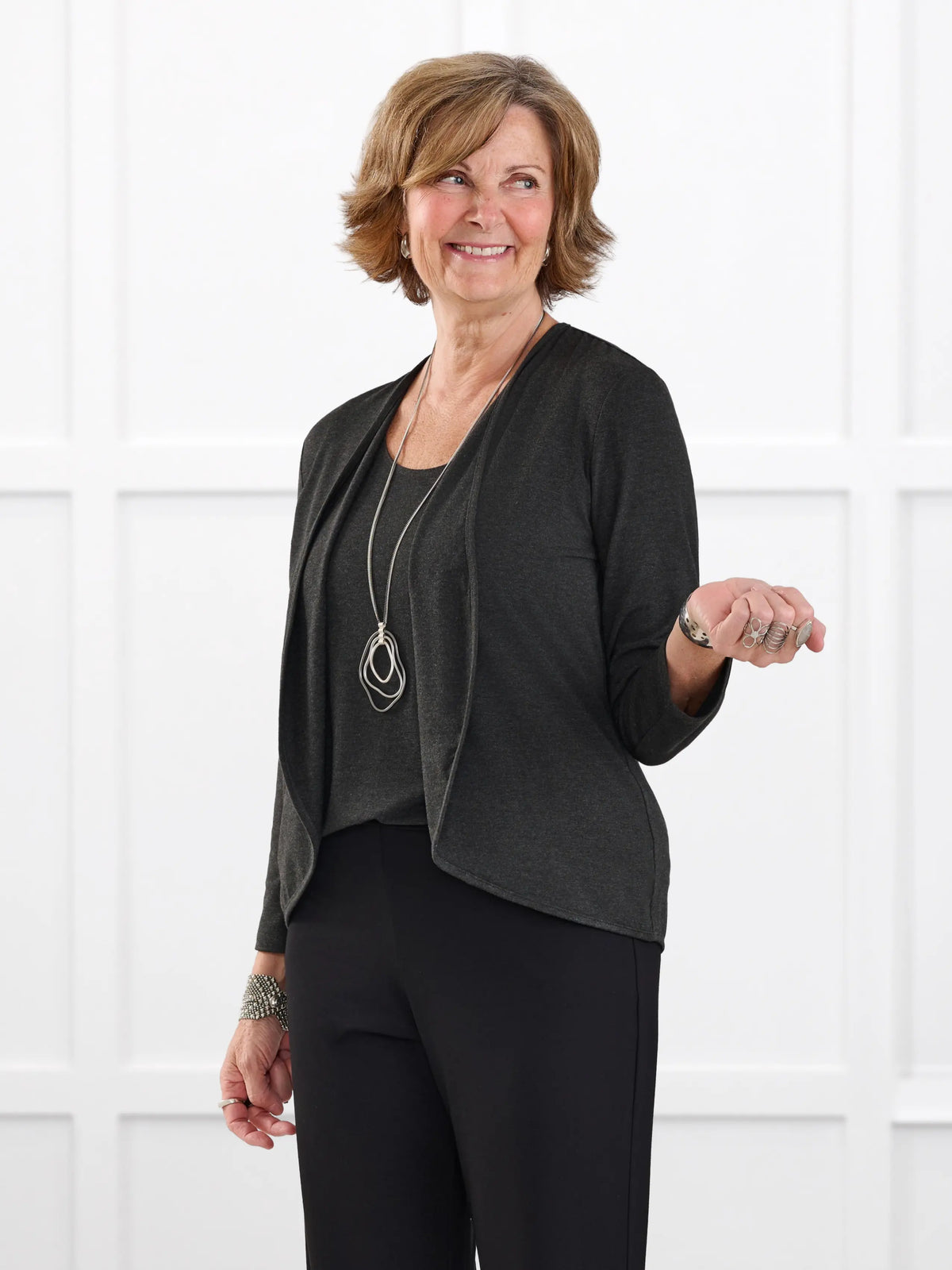 Wesley cropped waterfall cardigan for women in Charcoal on model Donna, size S @Donna-S 