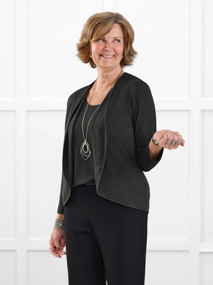 Wesley cropped waterfall cardigan for women in Charcoal on model Donna, size S @Donna-S 