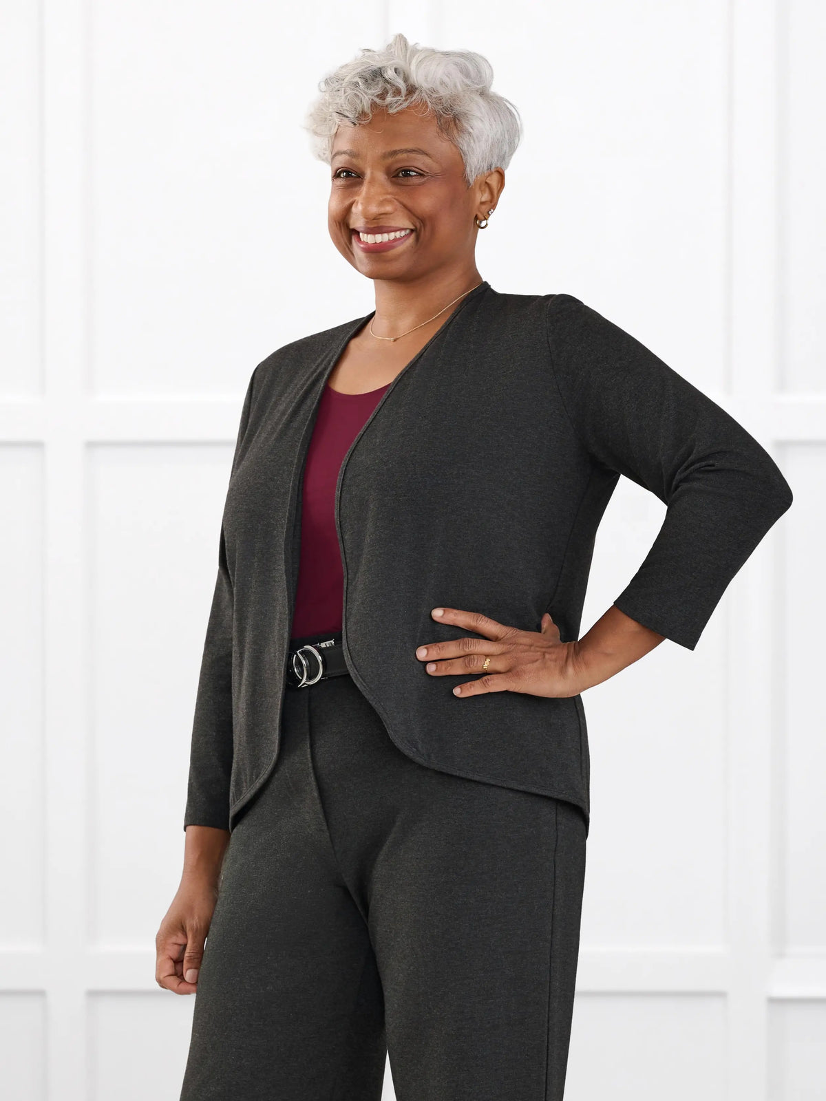 Wesley cropped waterfall cardigan for women in Charcoal on model Keethai, size M @Keethai-M 